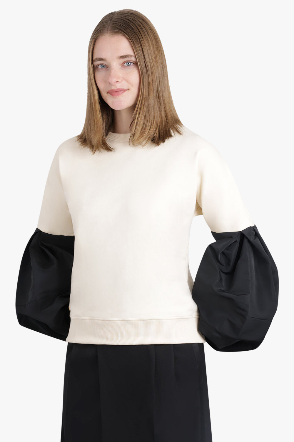 CREWNECK L/S SWEATSHIRT WITH BALLOON SLEEVES | CREAM/BLACK - 7