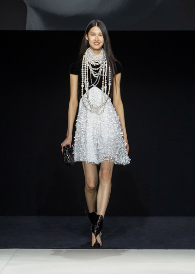 EMPORIO ARMANI Dress with velvet top and skirt with hand-embroidered sequin fringe outlook