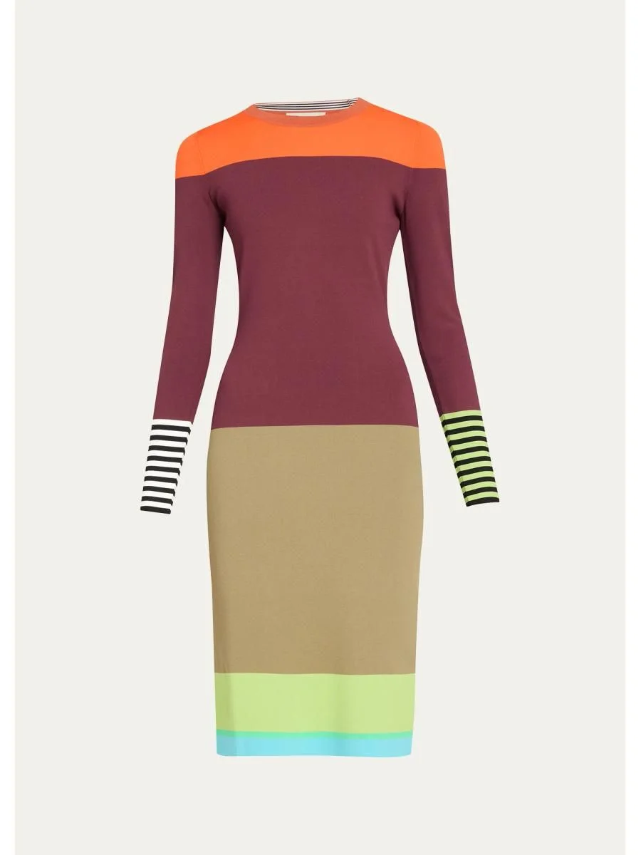 Colorblock Striped Knit Long-Sleeve Dress - 1