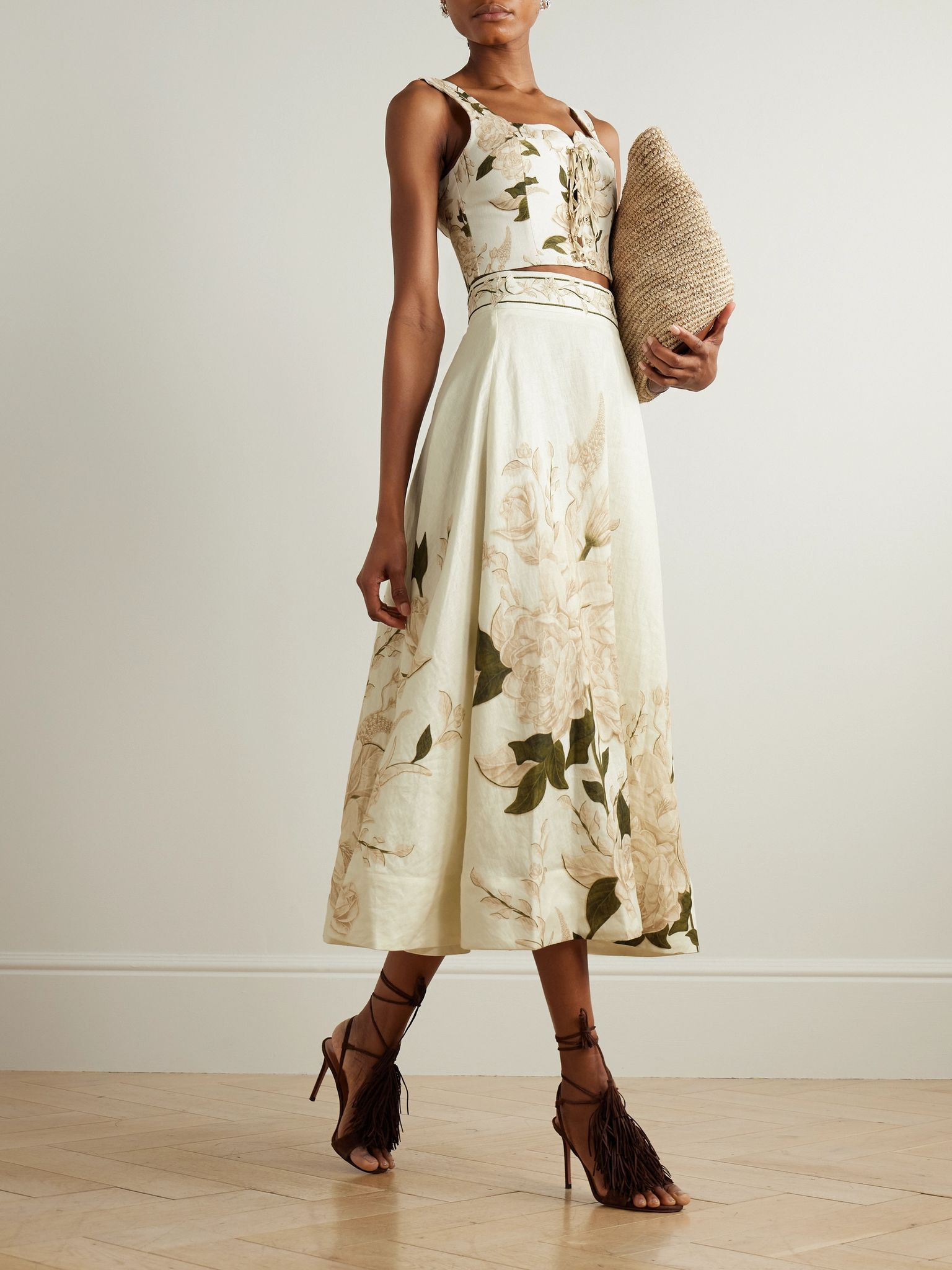 Bergamota Gardenia floral-print linen midi skirt Cream - 2