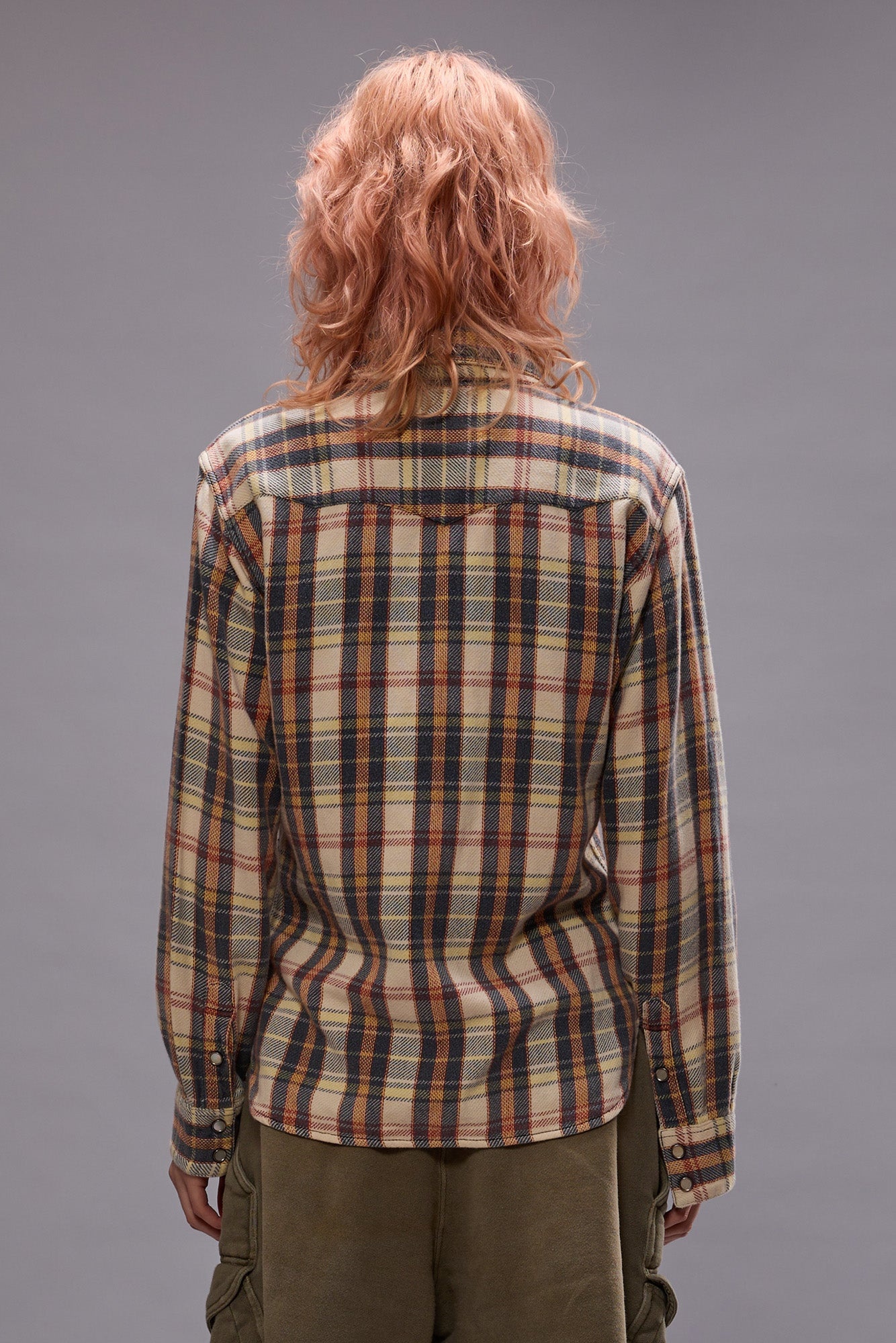SLIM COWBOY SHIRT - CREAM/GREY/ORANGE PLAID - 3