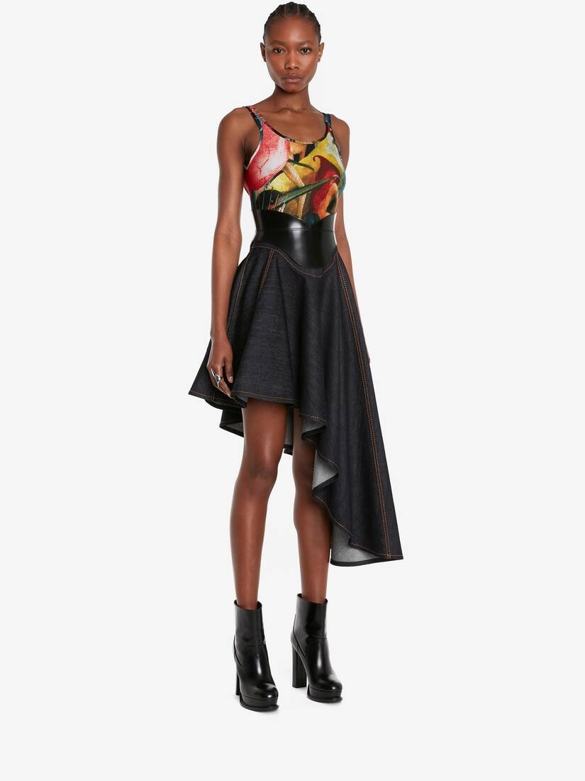 Women's Asymmetric Drape Denim Skirt in Dark Navy - 3