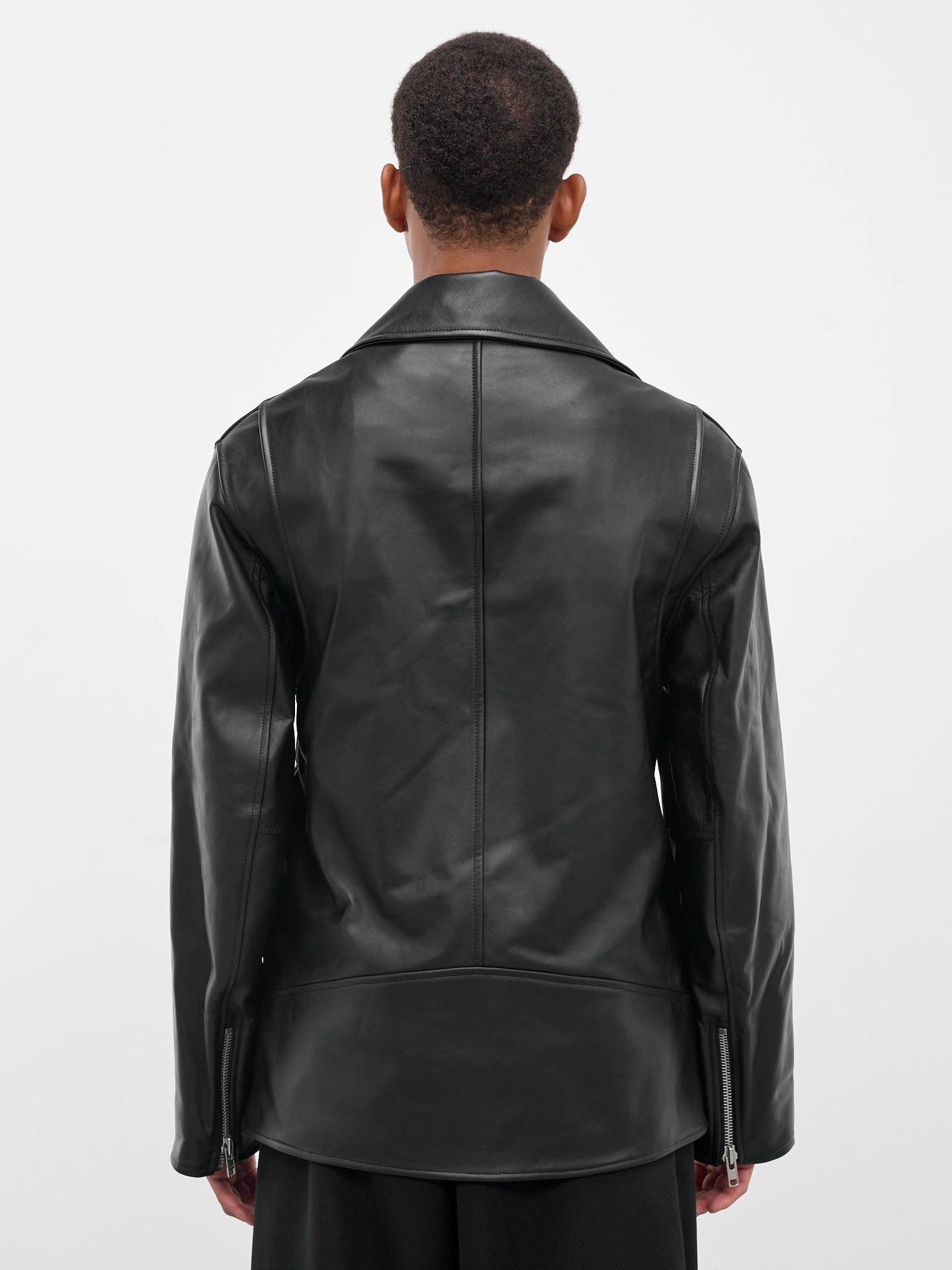 Black Leather Belted Biker Jacket - 3