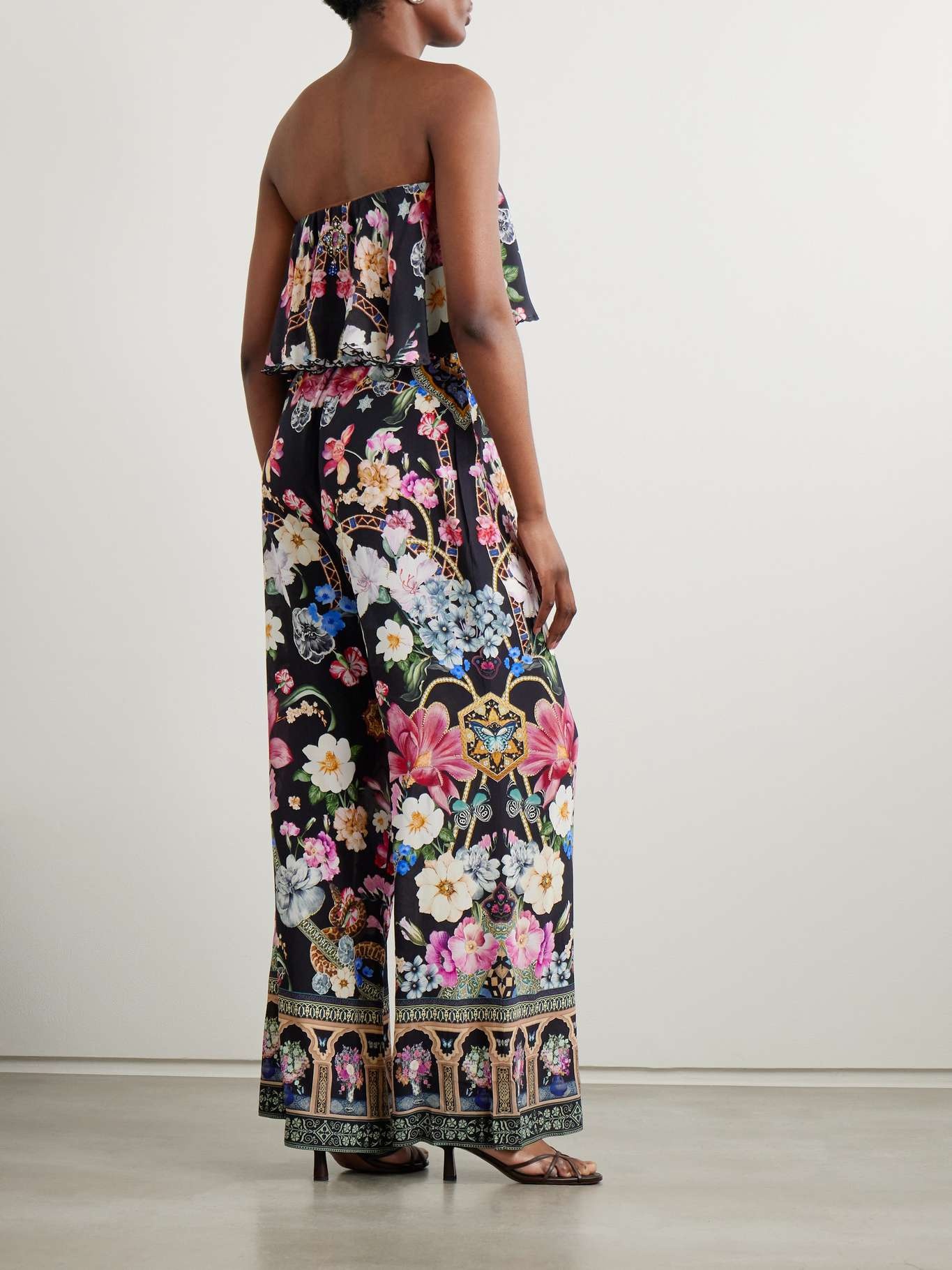 Strapless embellished printed silk crepe de chine jumpsuit Black - 3