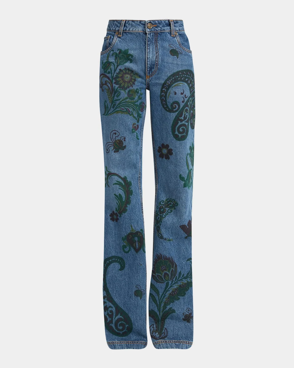 Flower and Bee Printed Flare Jeans - 1