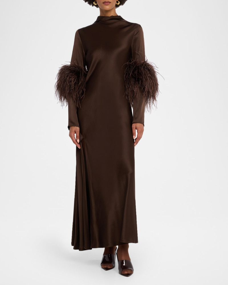 LAPOINTE Feather-Trim Satin Maxi Dress outlook