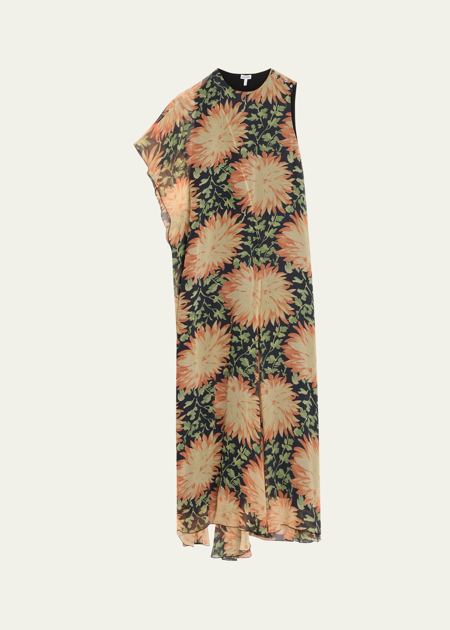Long Floral Print One-Sleeve Chiffon Silk Dress - 1