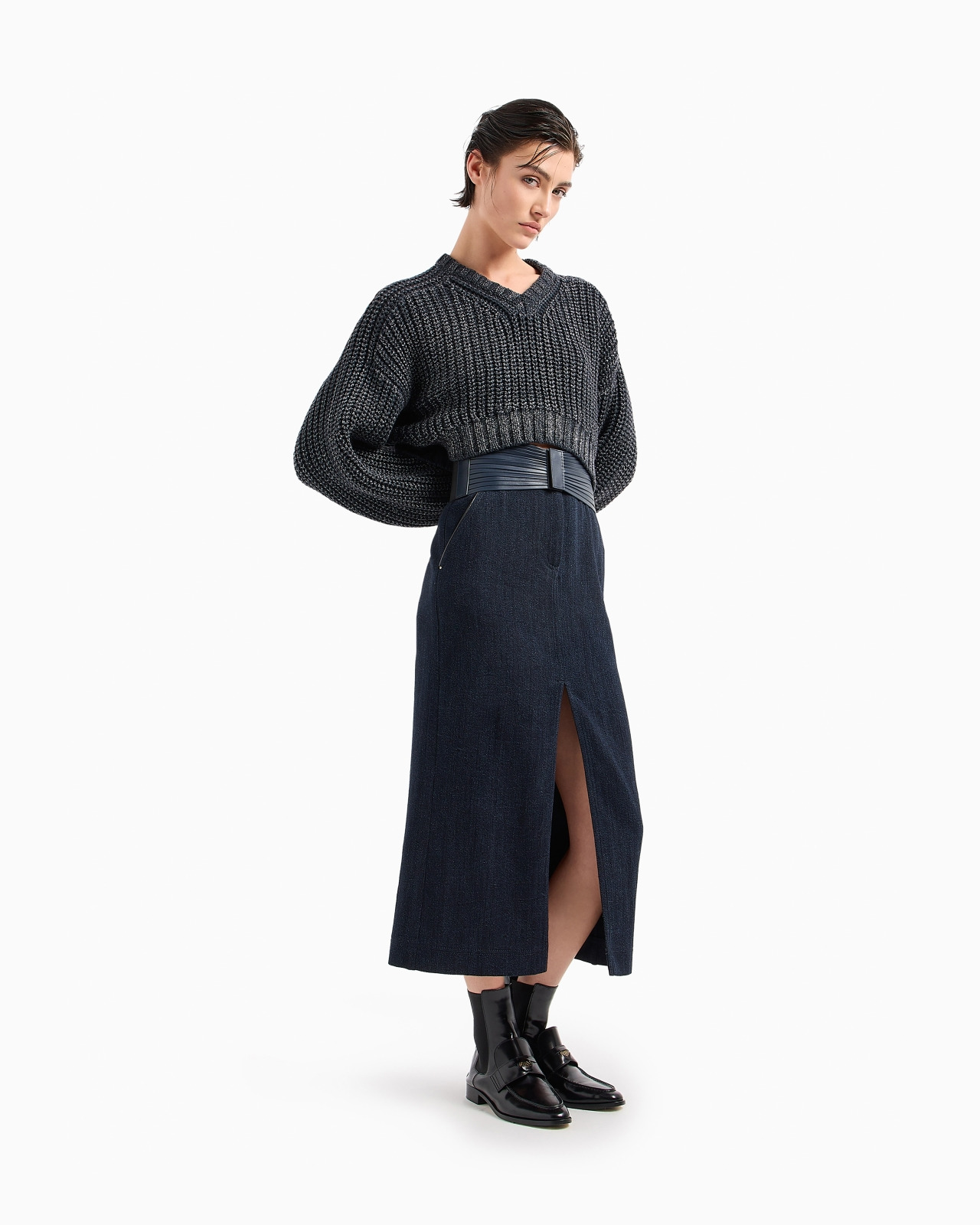 Denim Collection midi skirt in cotton and wool denim - 2