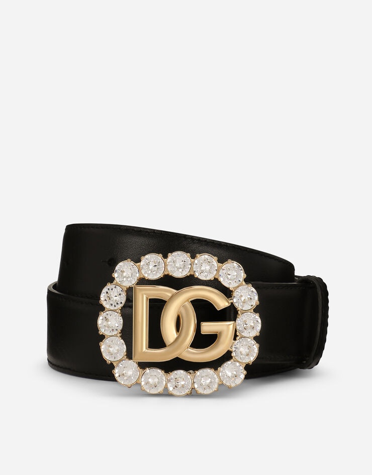 Calfskin belt with DG logo and rhinestones - 1