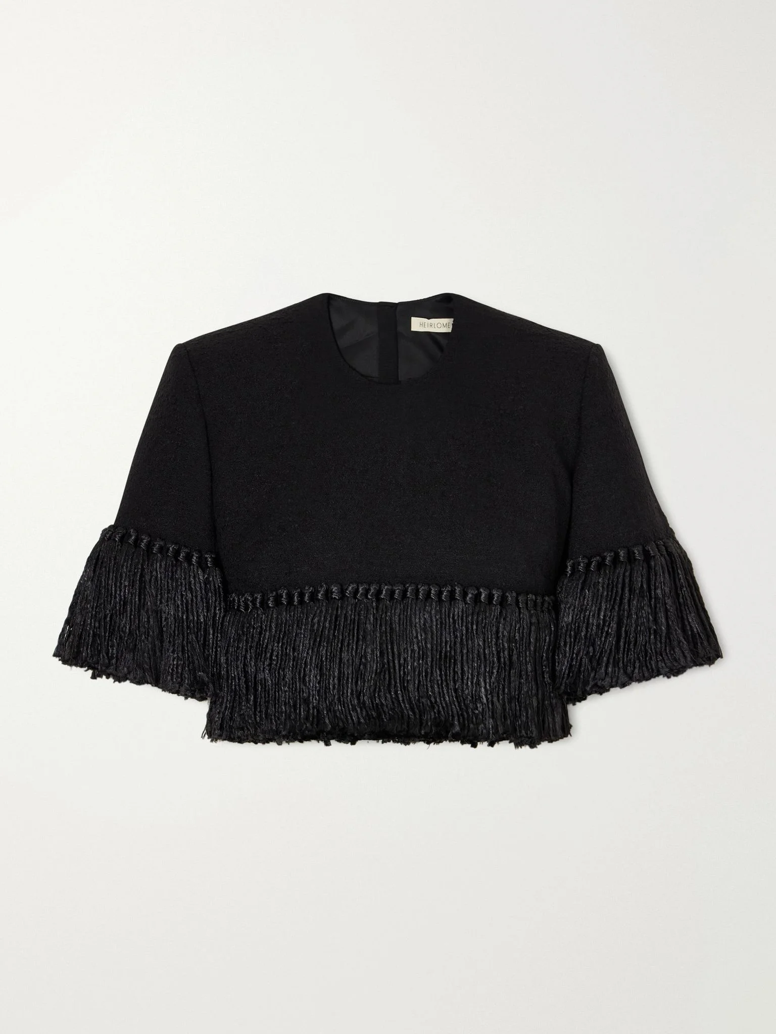 Matilde crop fringe-trimmed wool-blend bouclé top Black - 1