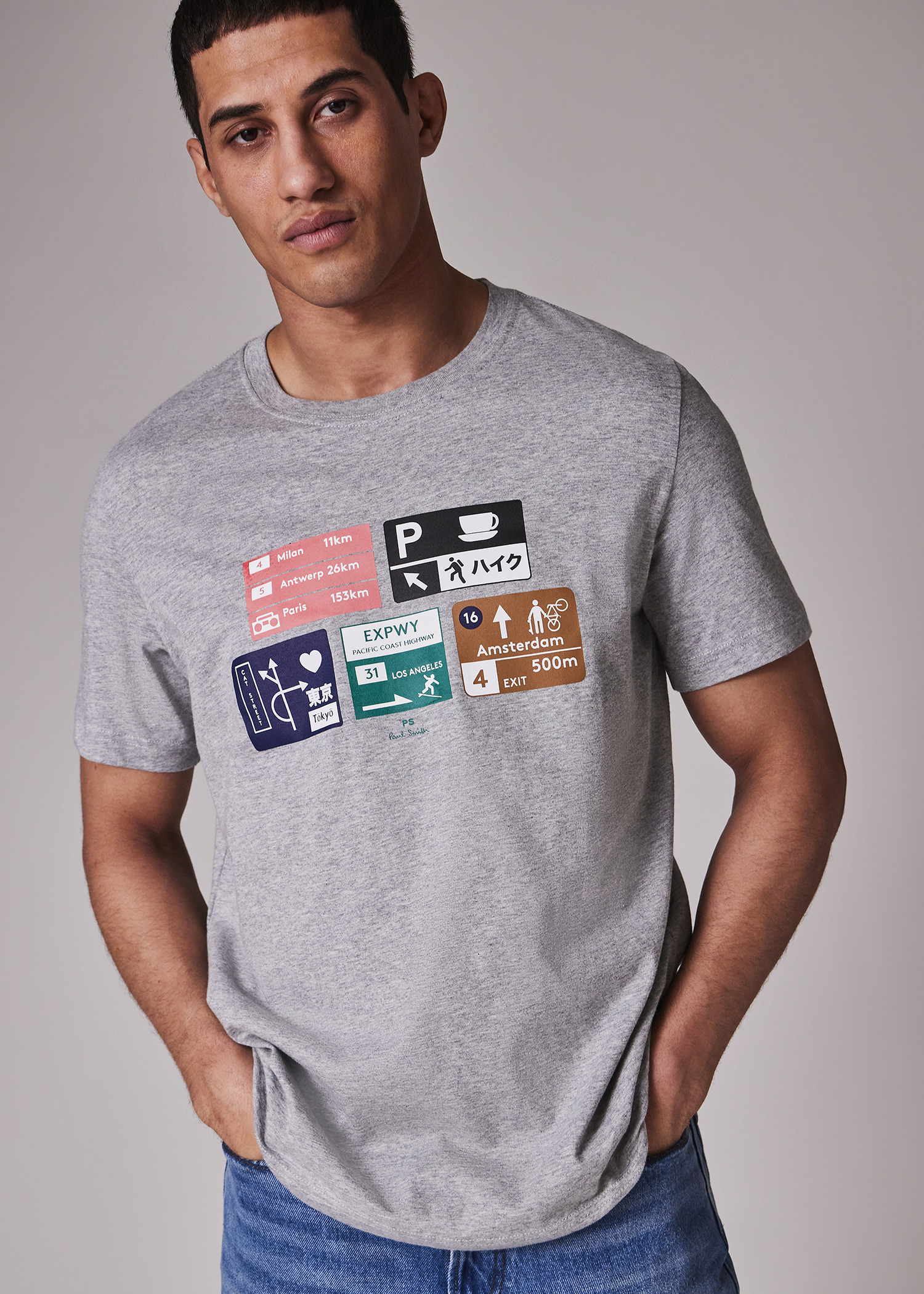 Grey Marl 'Road Signs' Print T-Shirt - 3