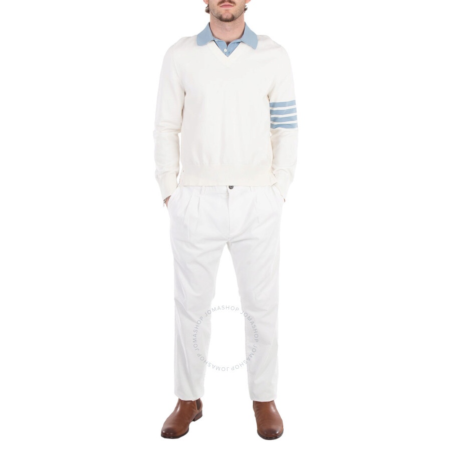 Thom Browne Men's Jersey 4-Bar V Neck Polo Pullover in White - 4