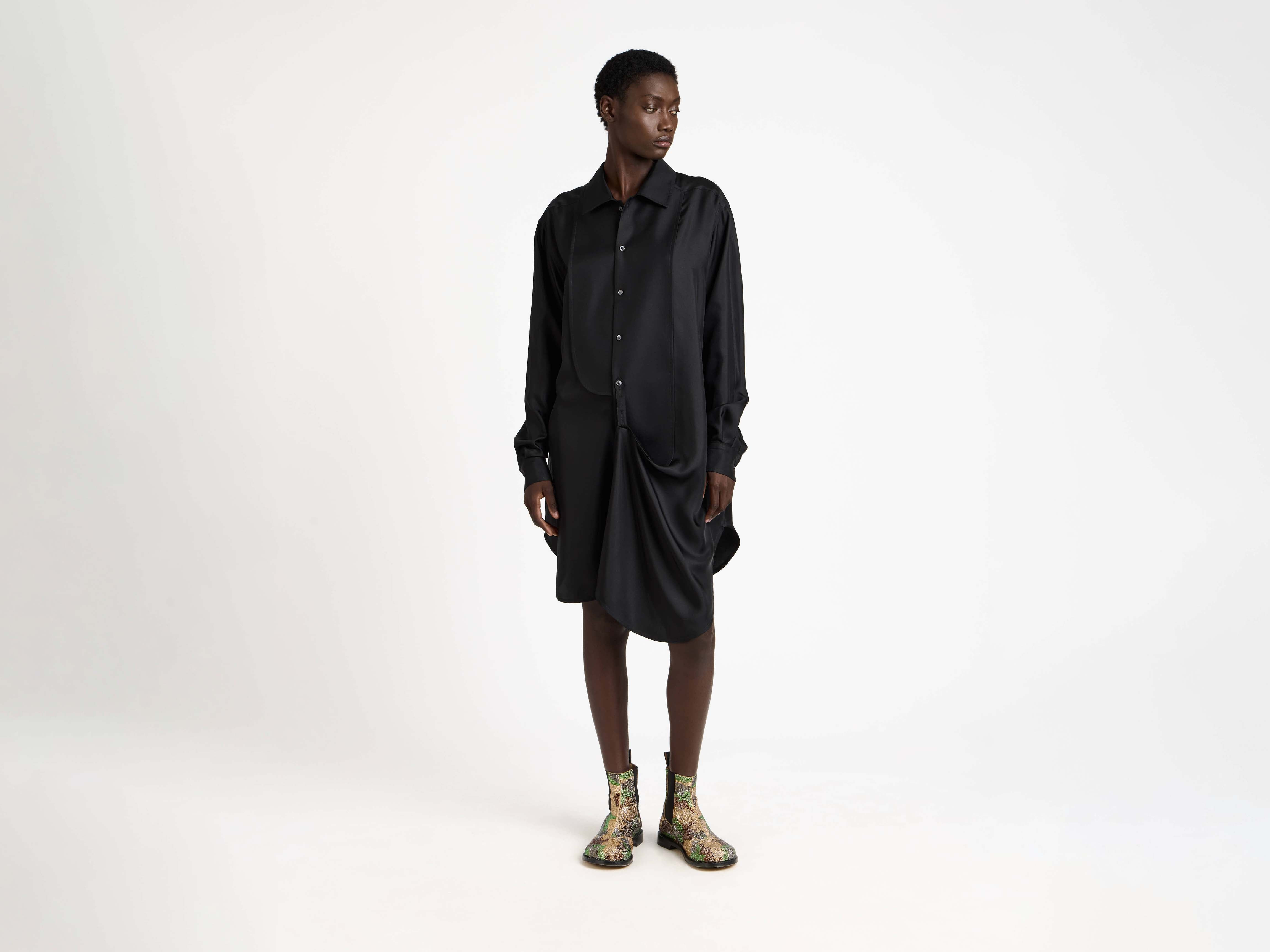 WOMENS TUXEDO DRAPE SILK DRESS IN BLACK - 2