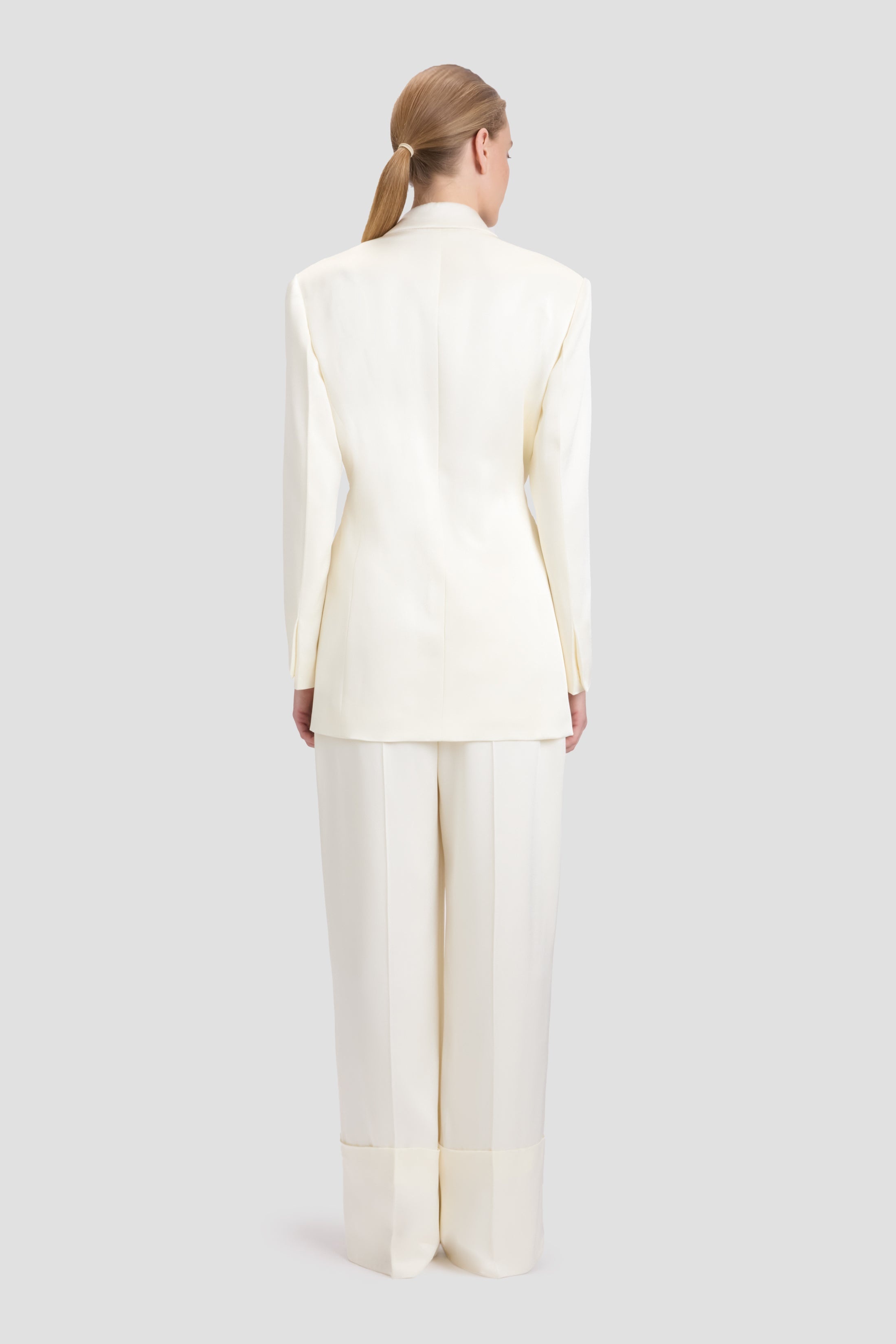 Wide Leg Turn-Up Trouser In Ivory - 5