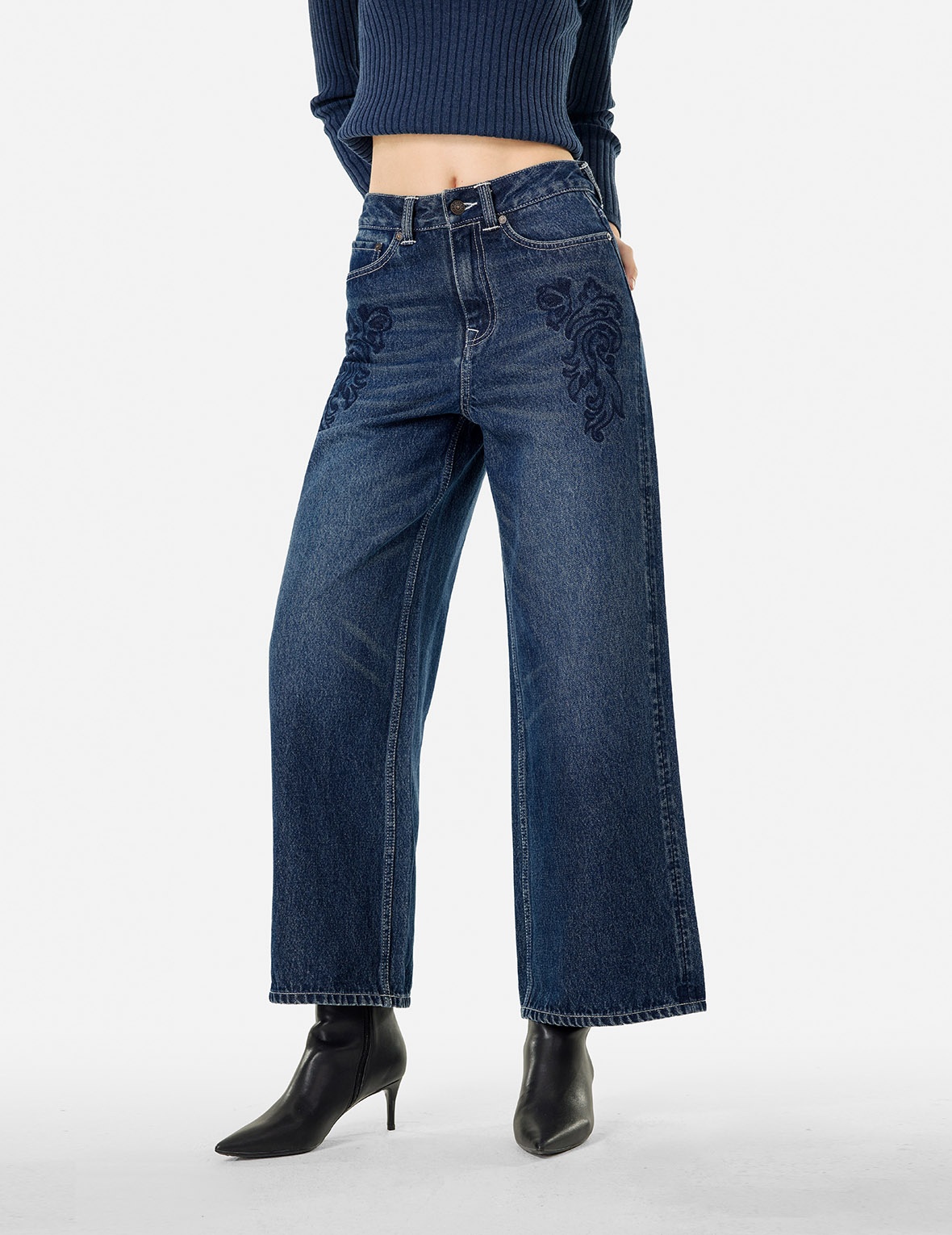 BUTTERFLY AND SEAGULL EMBROIDERY WIDE-LEG JEANS - 7
