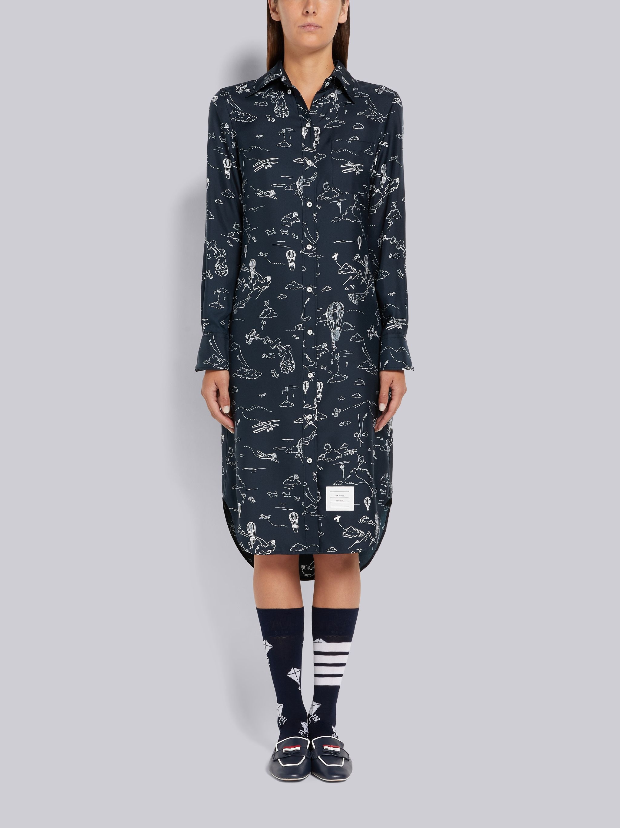 Navy Sky Toile Printed Silk Twill Point Collar Knee Length Shirtdress - 4