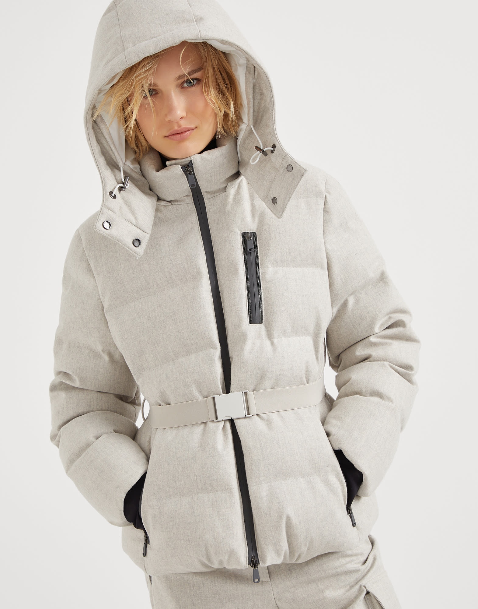 Bonded virgin wool flannel mountain down jacket with detachable hood and precious zip detail - 4
