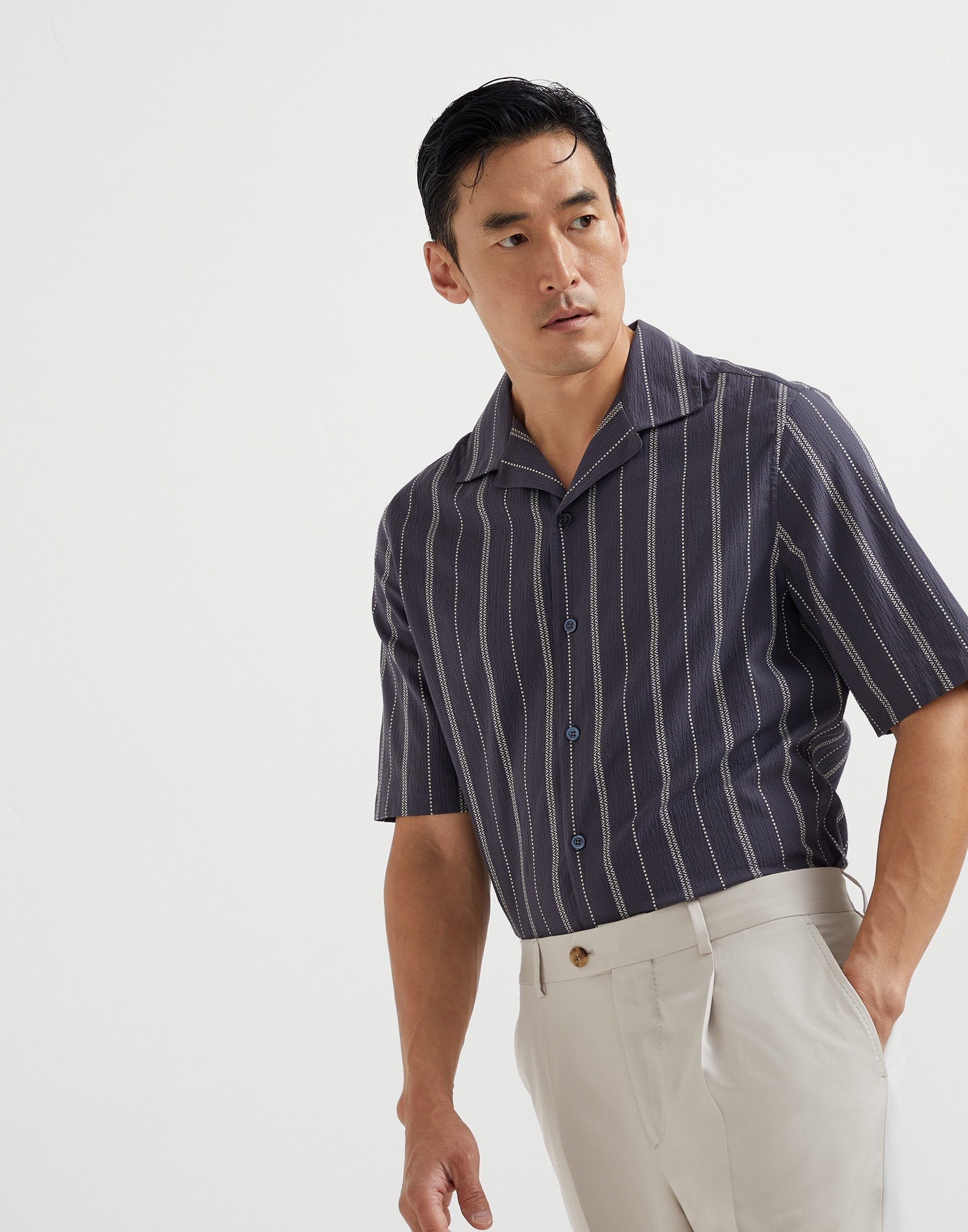Textured stripe seersucker easy fit short sleeve shirt with camp collar - 4