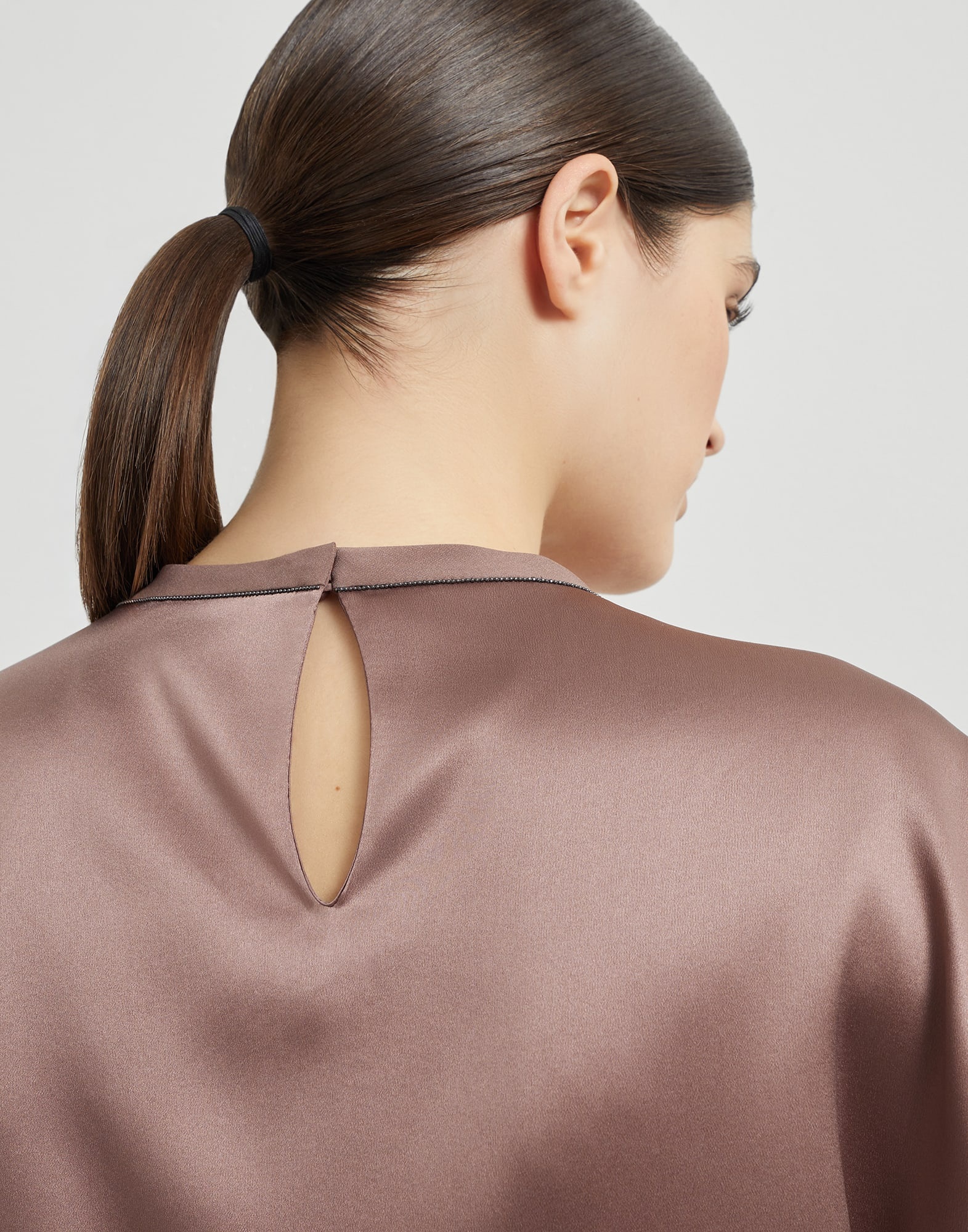 Stretch silk satin T-shirt with monili - 3