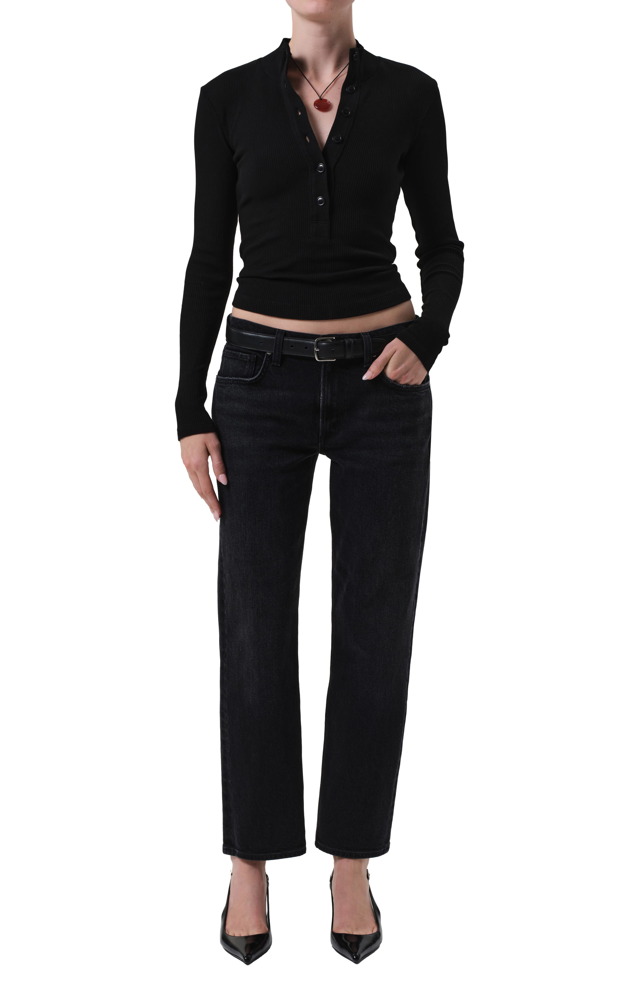 Citizens of Humanity Sheena Long Sleeve Rib Polo in Black at Nordstrom - 5