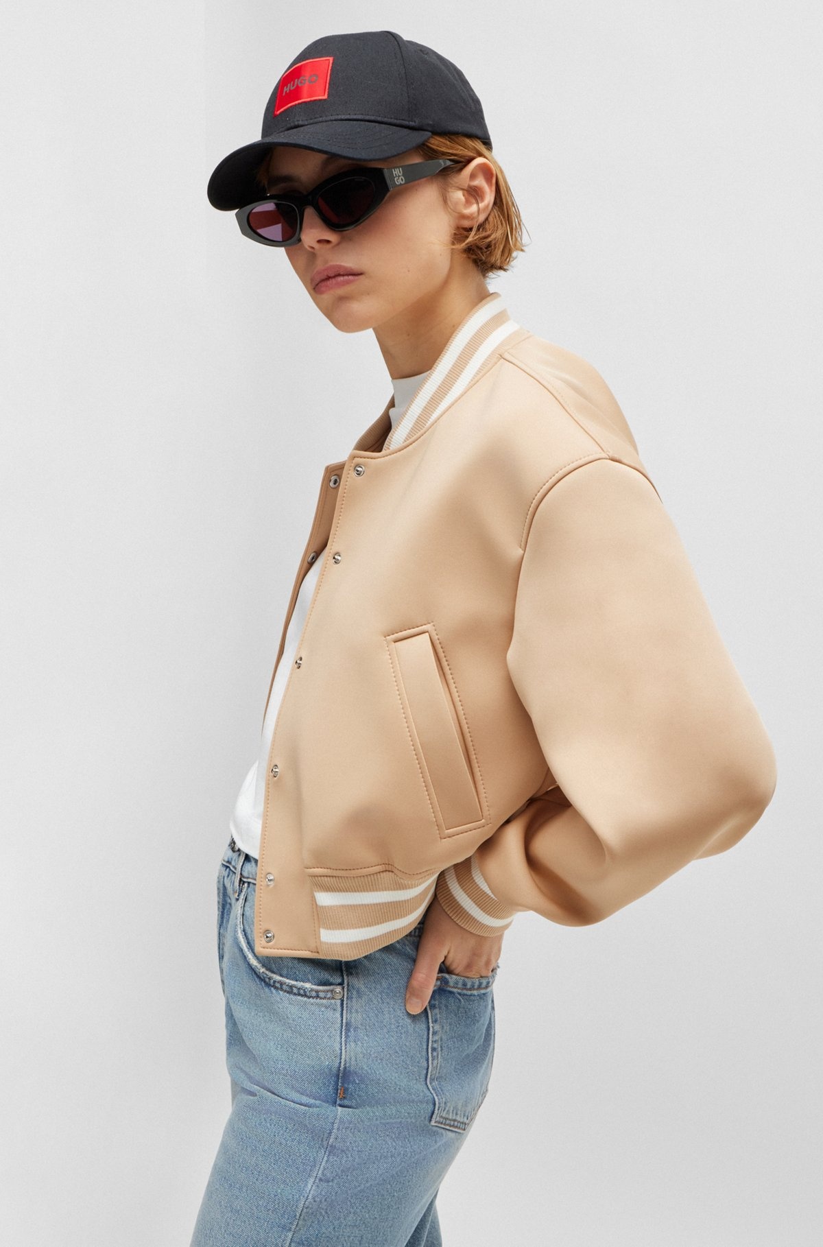 CROPPED BOMBER JACKET WITH STRIPED TRIMS IN RELAXED FIT - 6