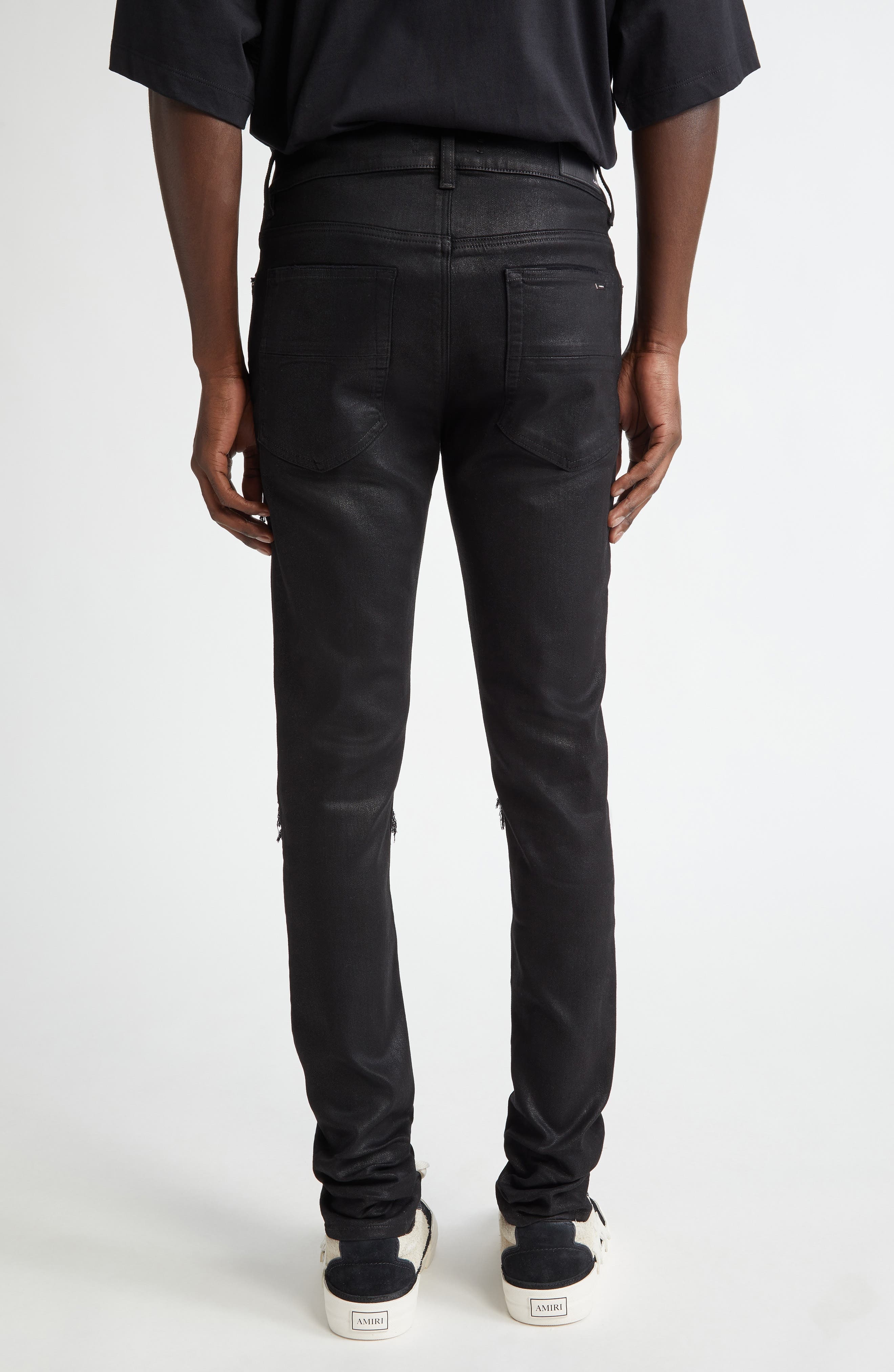 AMIRI WAX MX1 Leather Patched Distressed Jeans in Black at Nordstrom - 3
