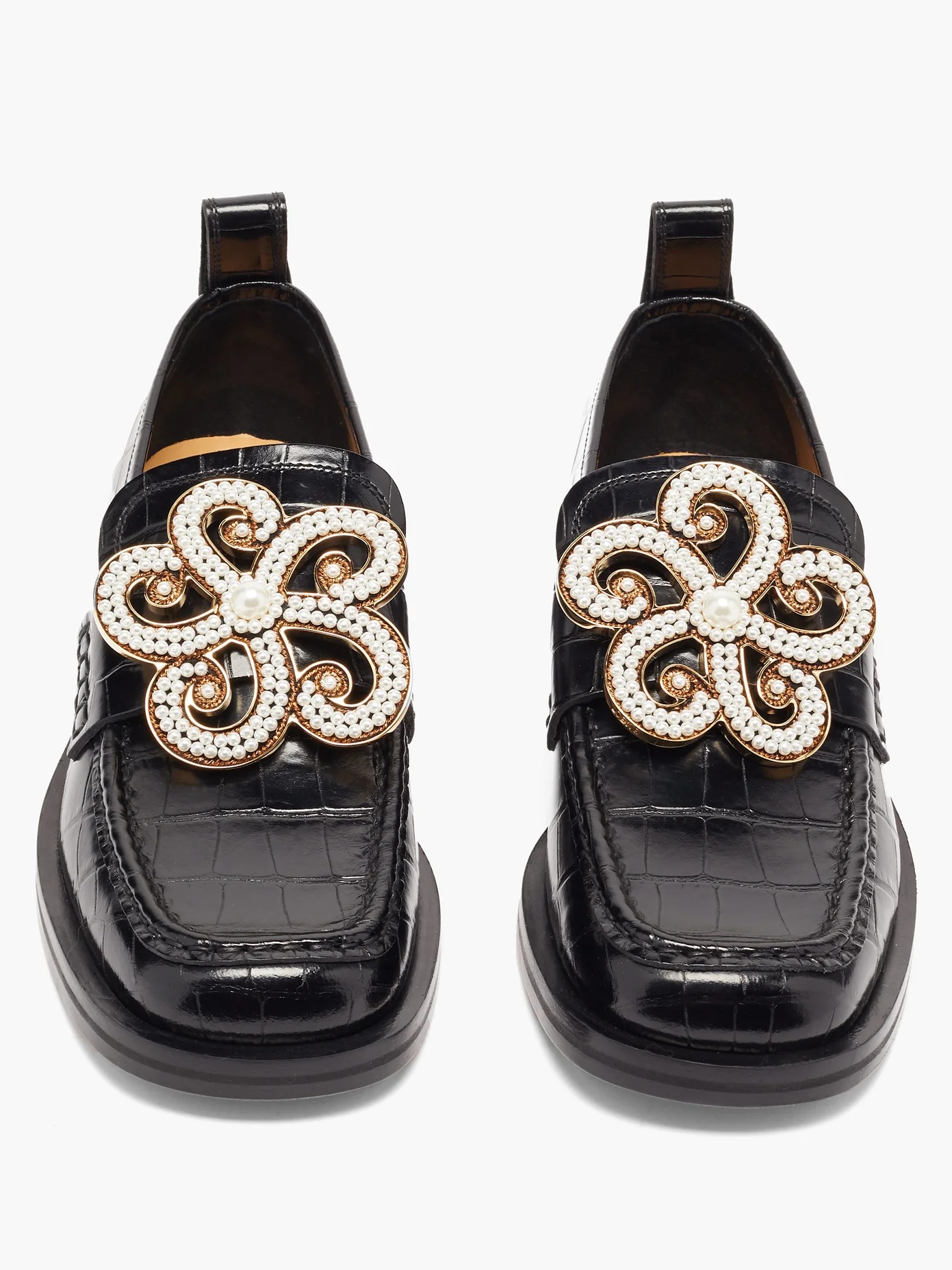 Flower-brooch crocodile-effect leather loafers - 5