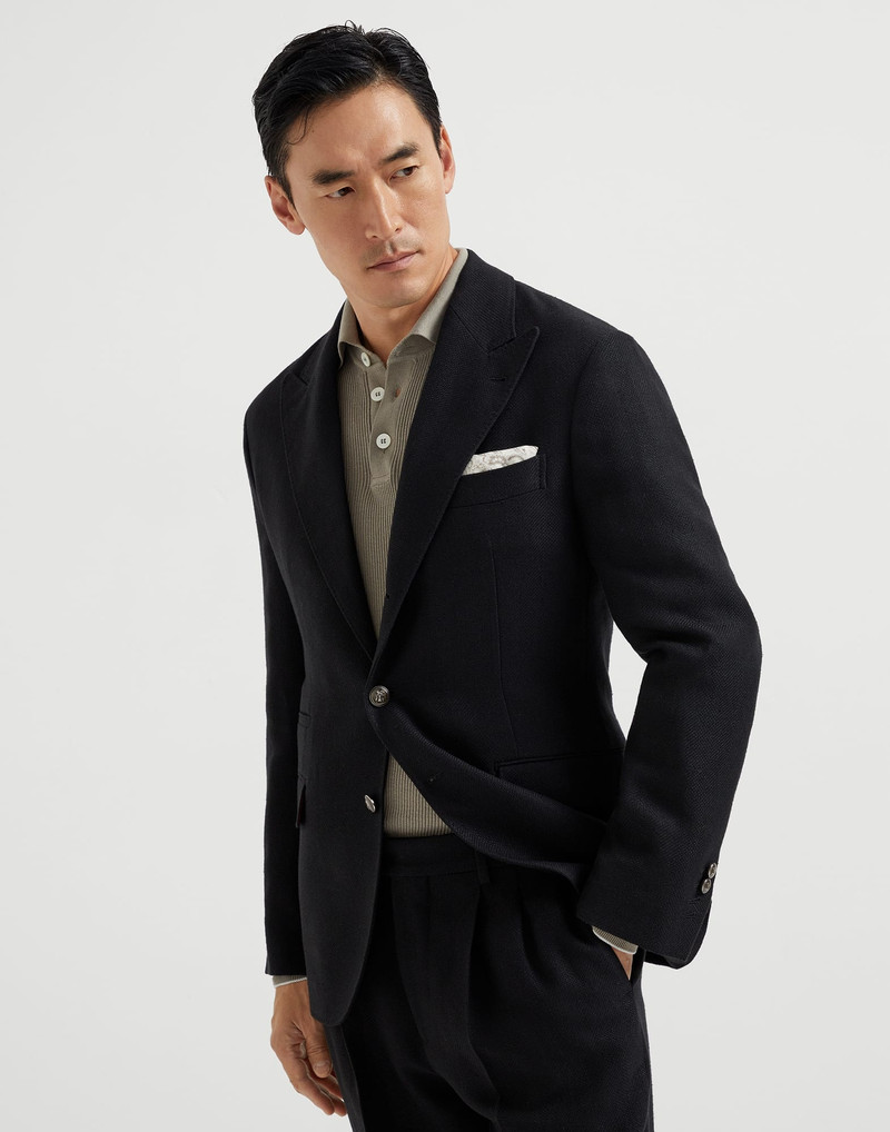 Linen, silk, wool and cotton textured stripe diagonal deconstructed blazer with large peak lapels an 1