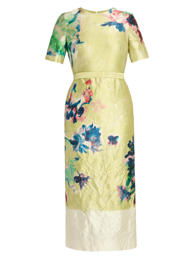 Women's Floral Crinkled Metallic Cocktail Dress - Artist Garden Venetian Yellow 1
