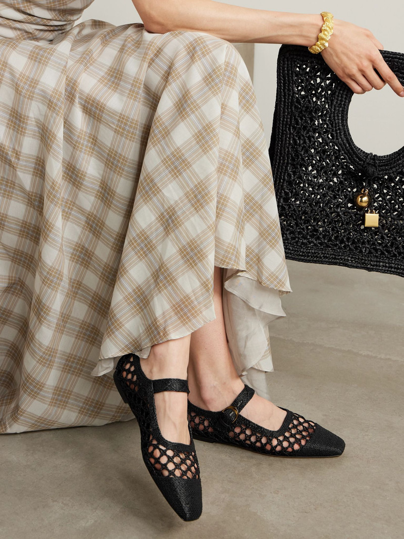 Emme Parsons Tramonto leather-trimmed woven raffia Mary Jane ballet flats Black outlook