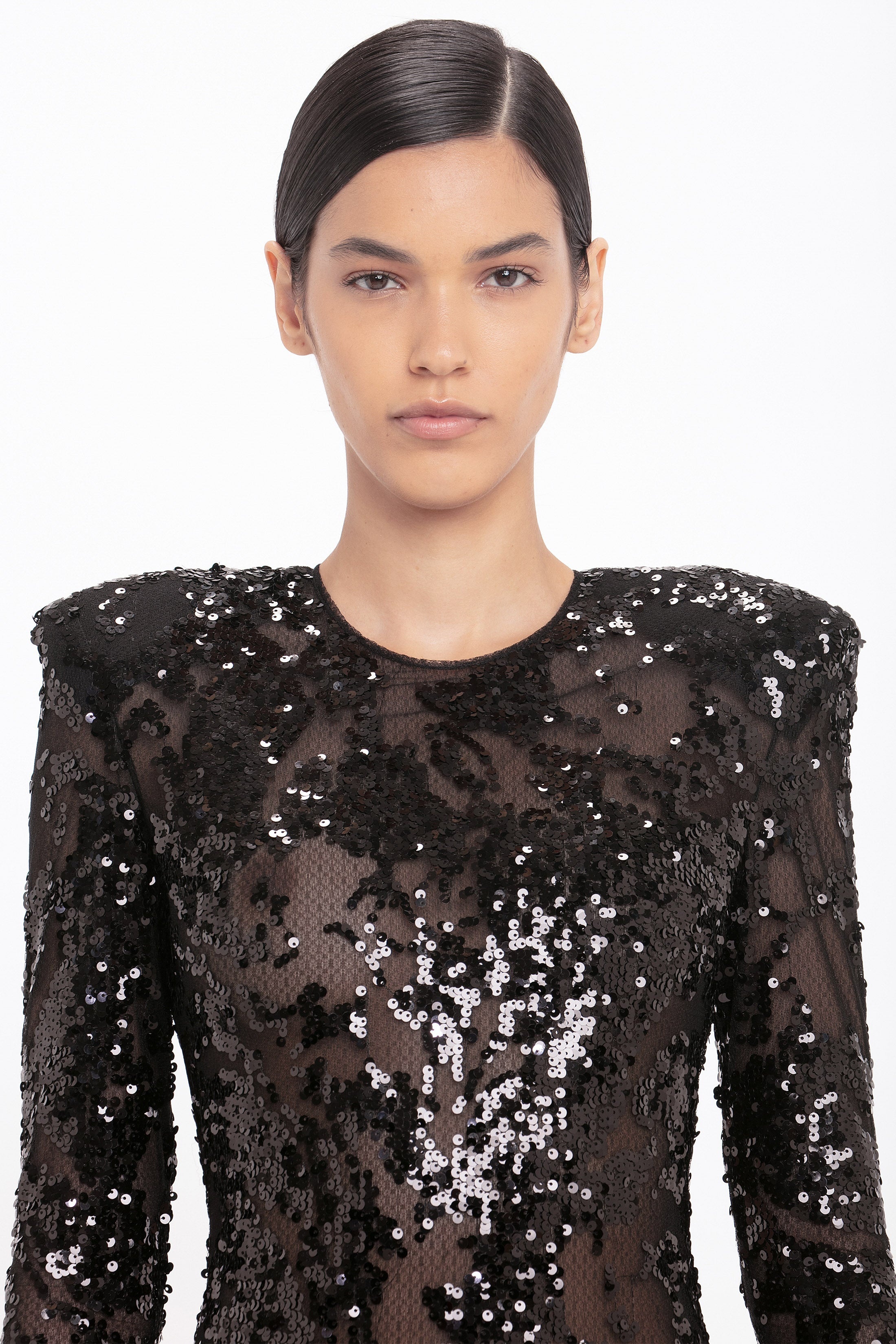Long Sleeve Backless Sequin Gown In Black - 5