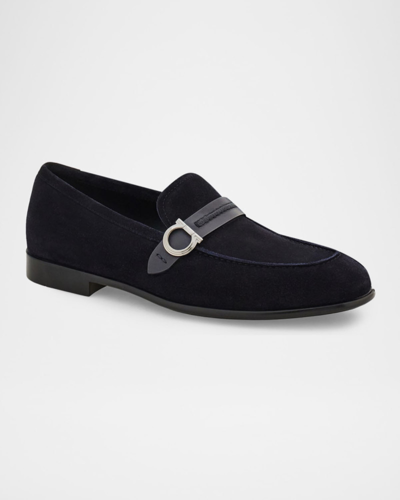 FERRAGAMO Men's Terence Gancio Ornament Leather-Strap Suede Loafers outlook