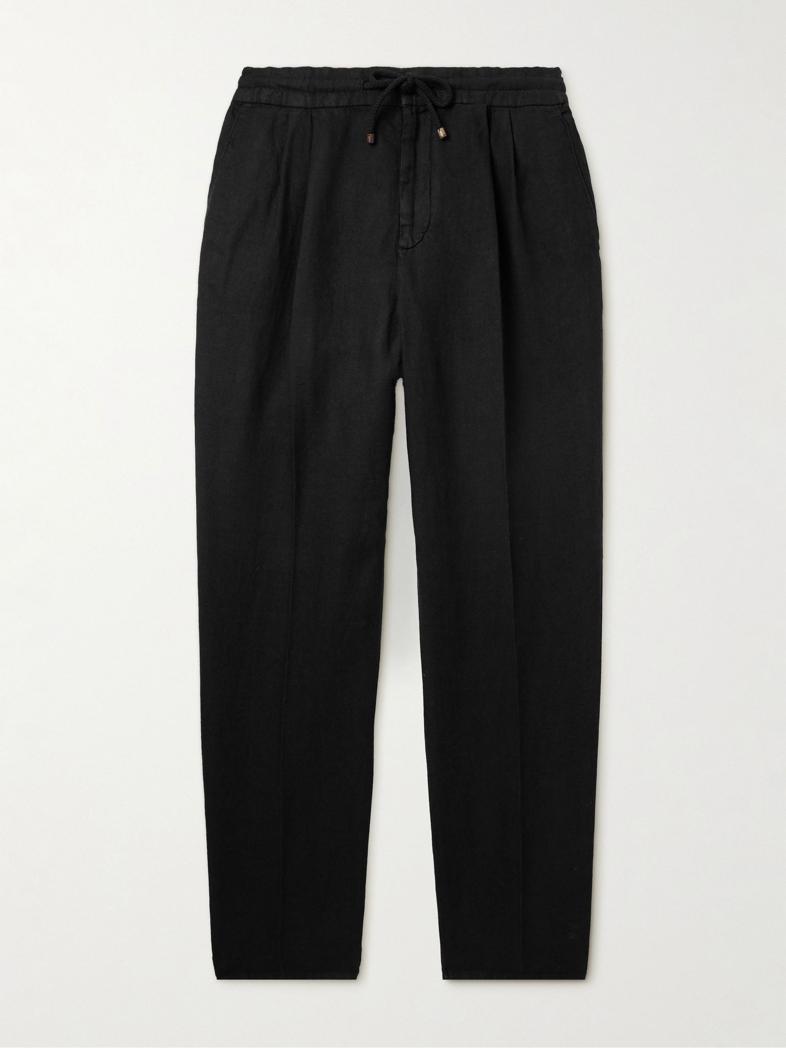 Straight-Leg Pleated Linen-Twill Drawstring Trousers Black - 1