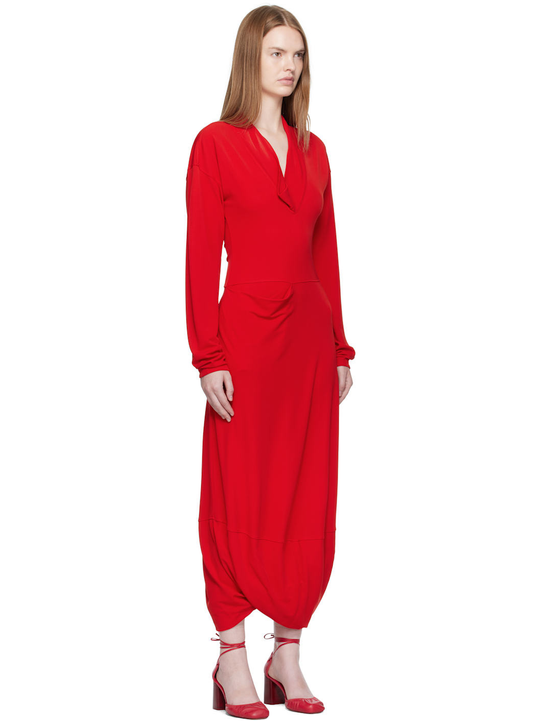 Red V Neck Maxi Dress - 2
