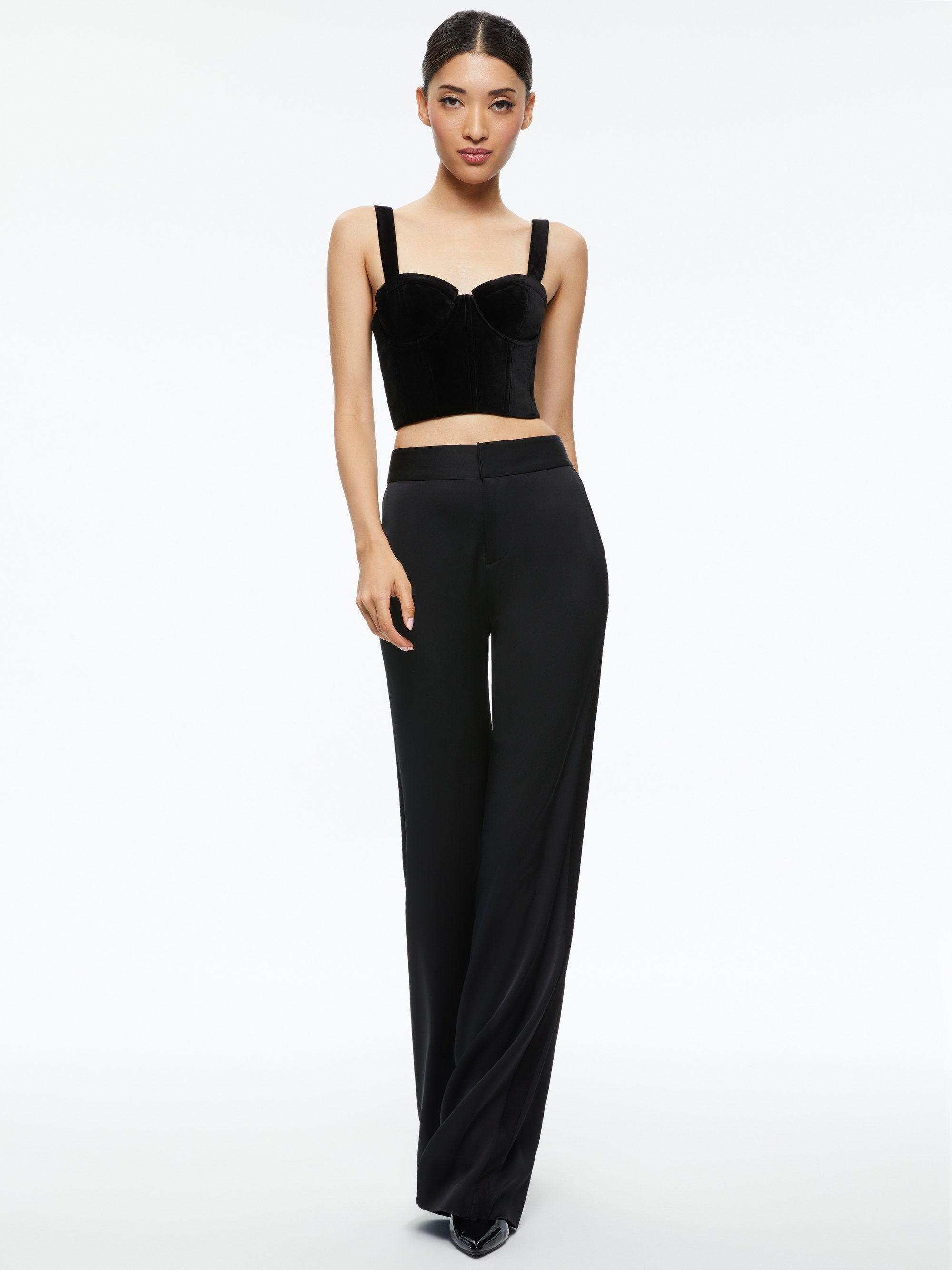 Alice + Olivia Carli Vegan Leather Studded Bra Top in Black