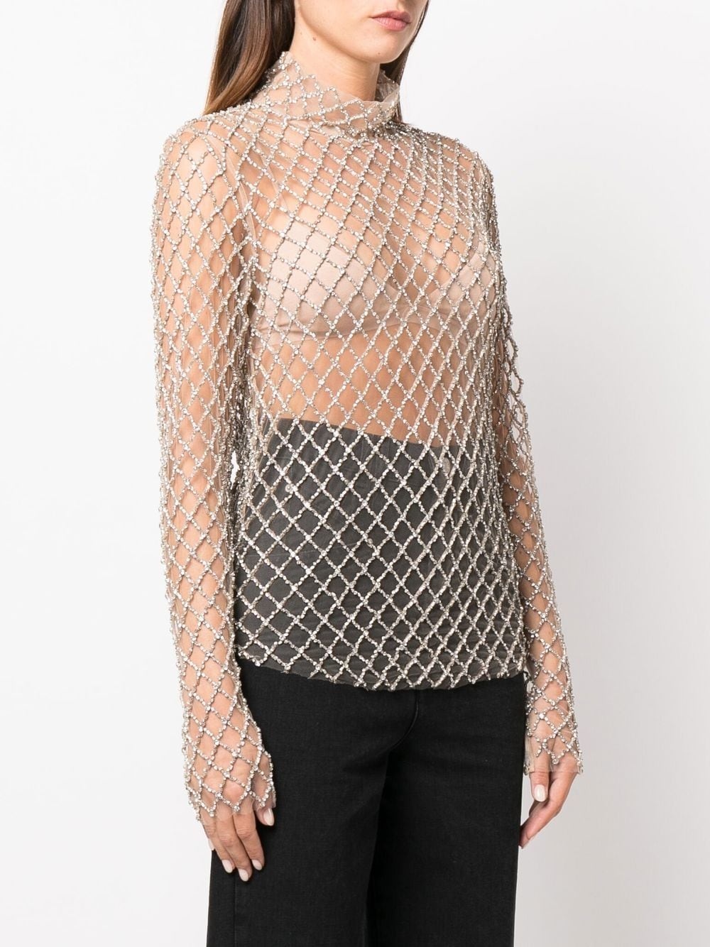 sheer crystal-embellished mesh top - 3