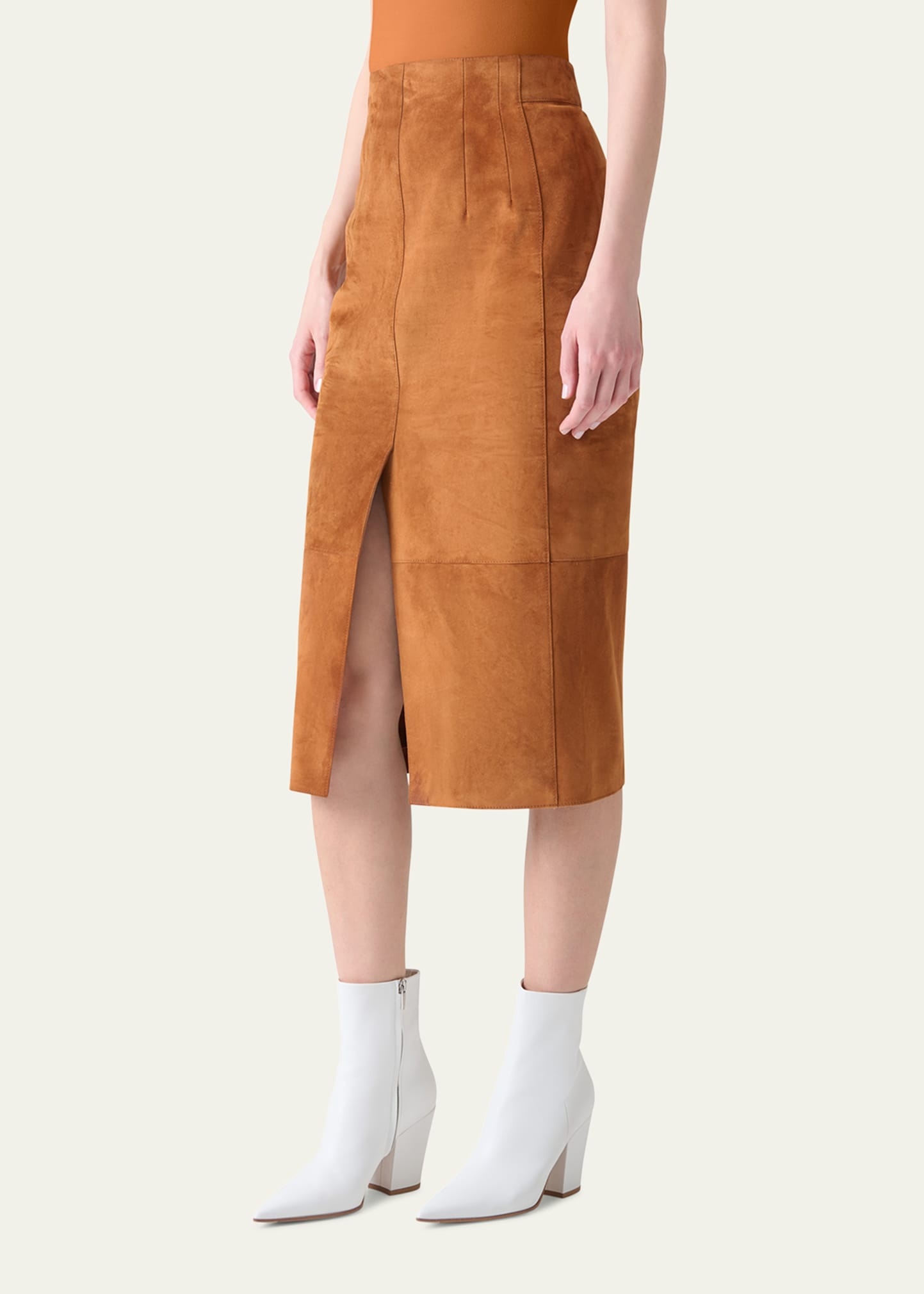 Lamb Suede Slit Midi Pencil Skirt - 4