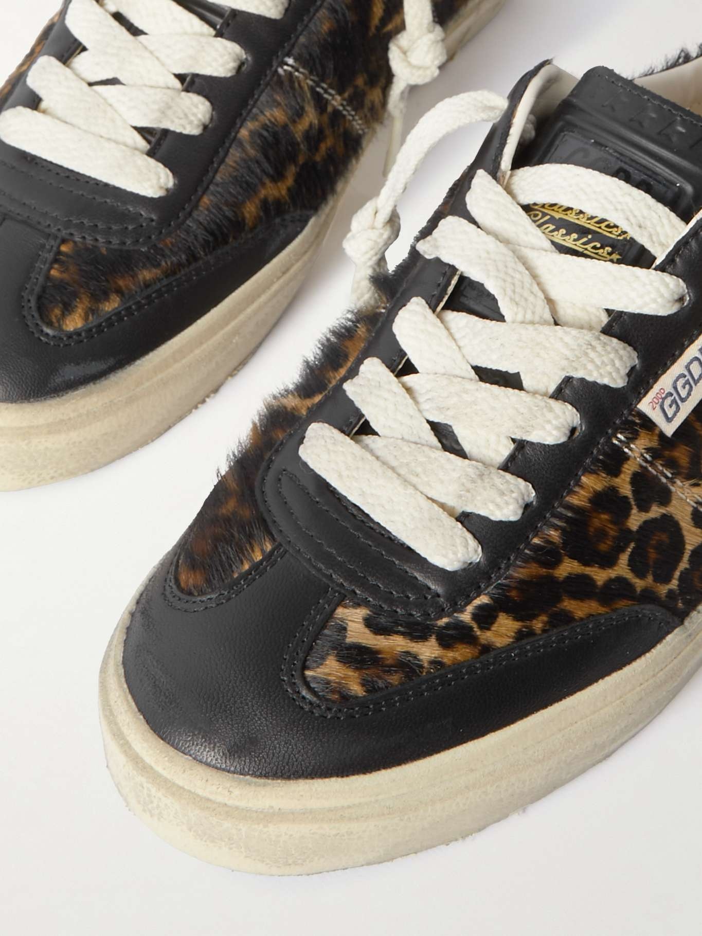 Soul-Star distressed leather-trimmed leopard-print calf hair sneakers - 4