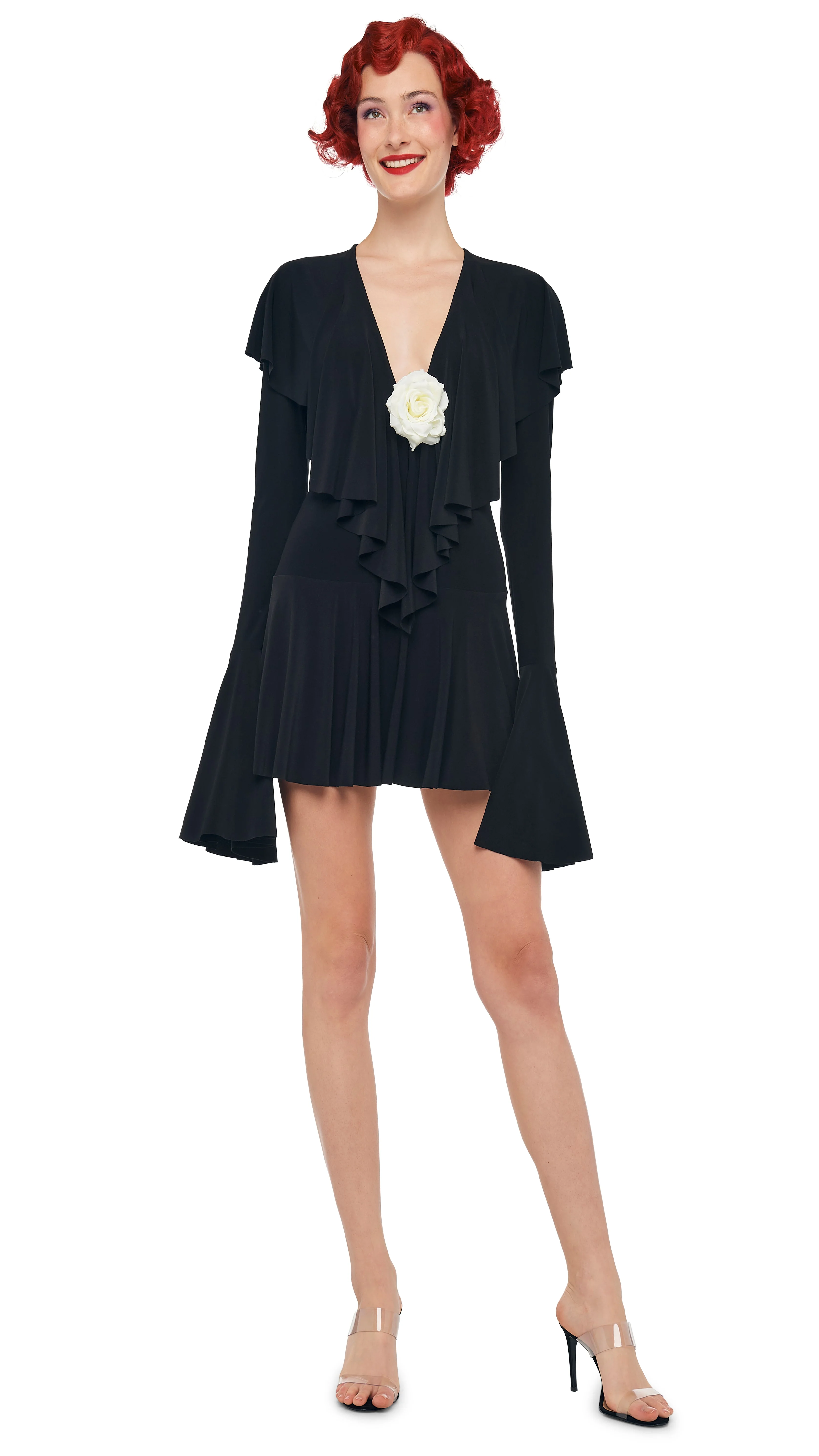 LONG SLEEVE DEEP V RUFFLE MINI DRESS - 1