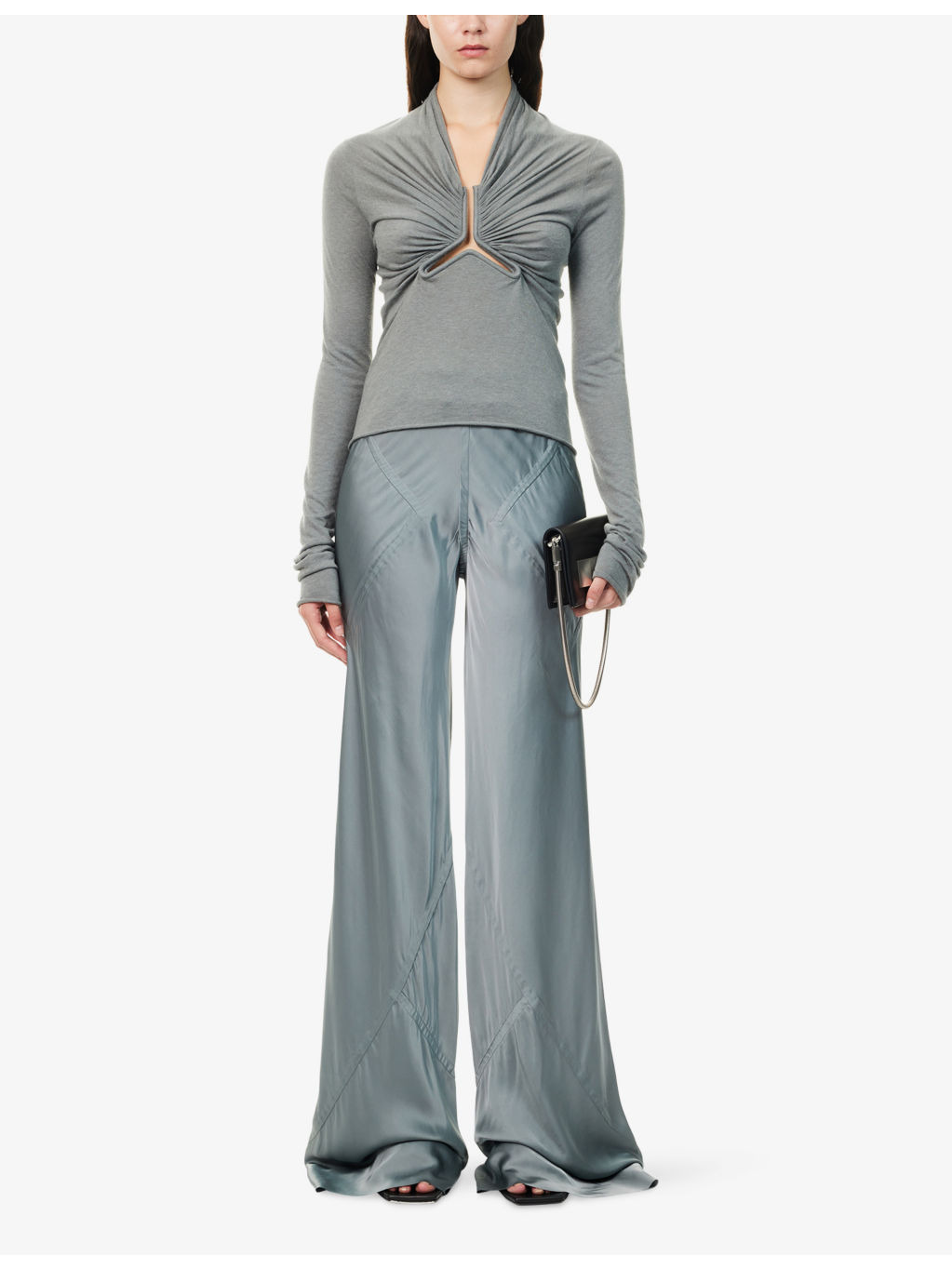 Drawstring Bias Flared Woven Trousers - 2