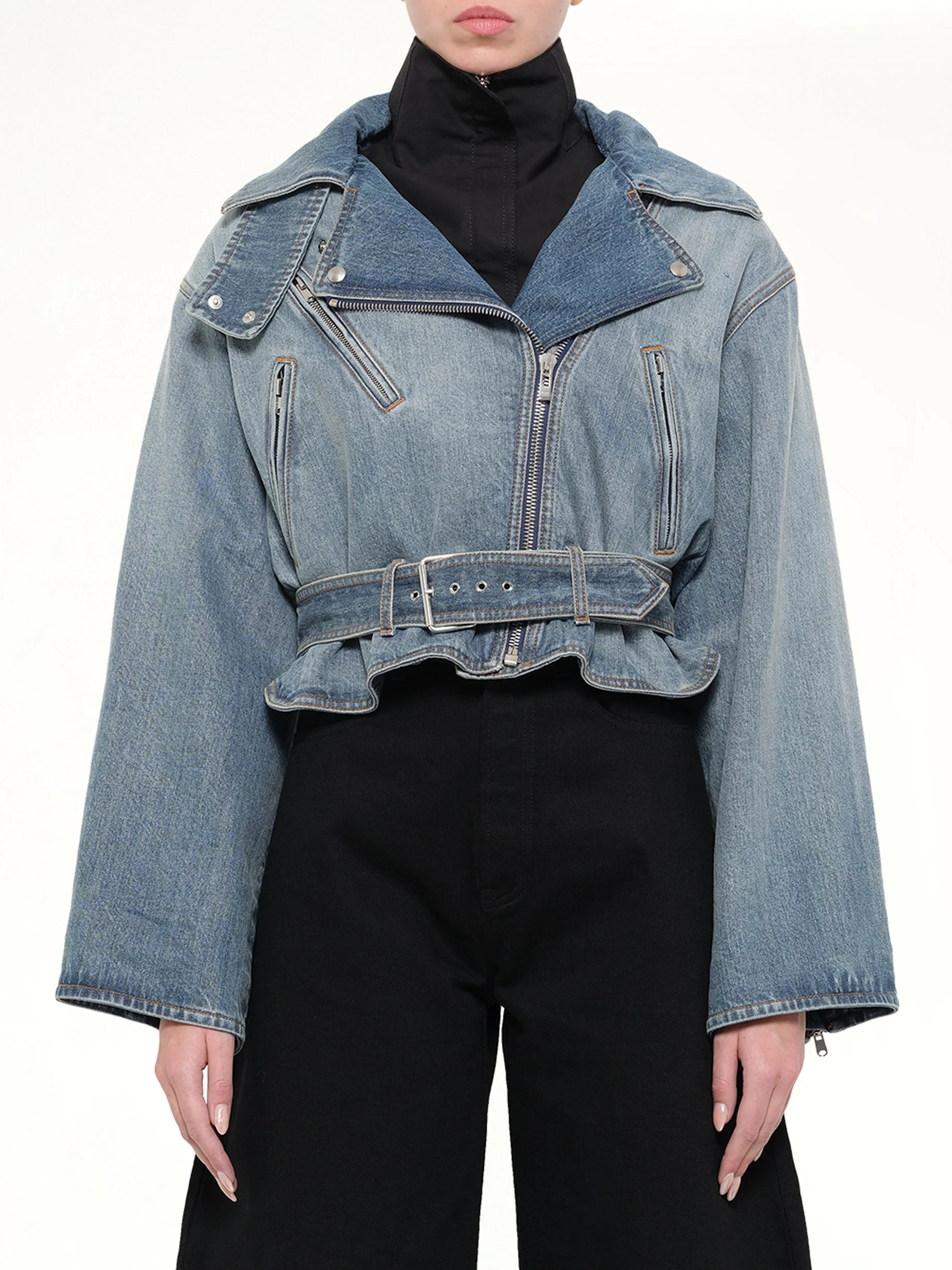 Raw Denim Layered Jacket in Faded Blue - 1
