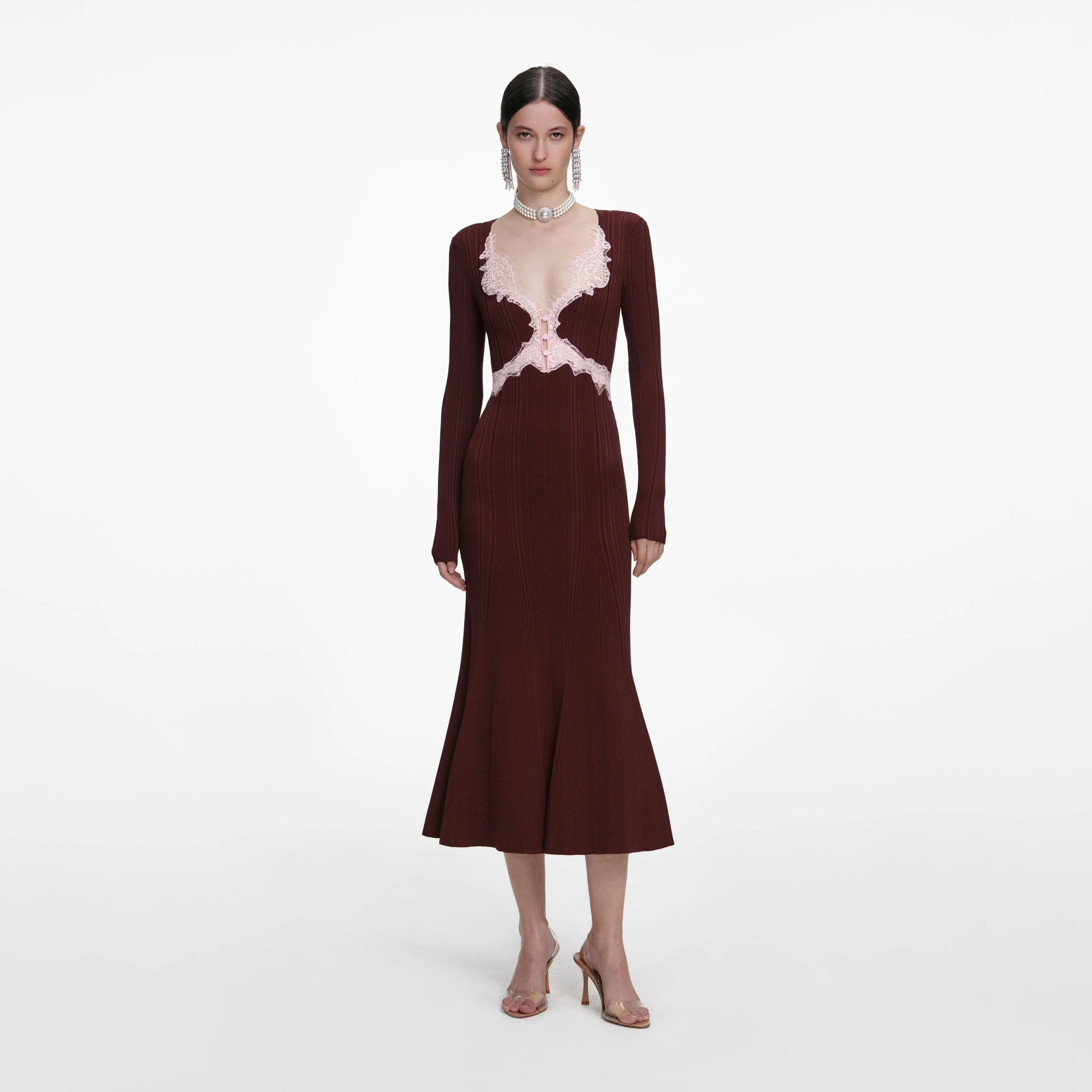 Brown Contrast Lace Knit Midi Dress - 1