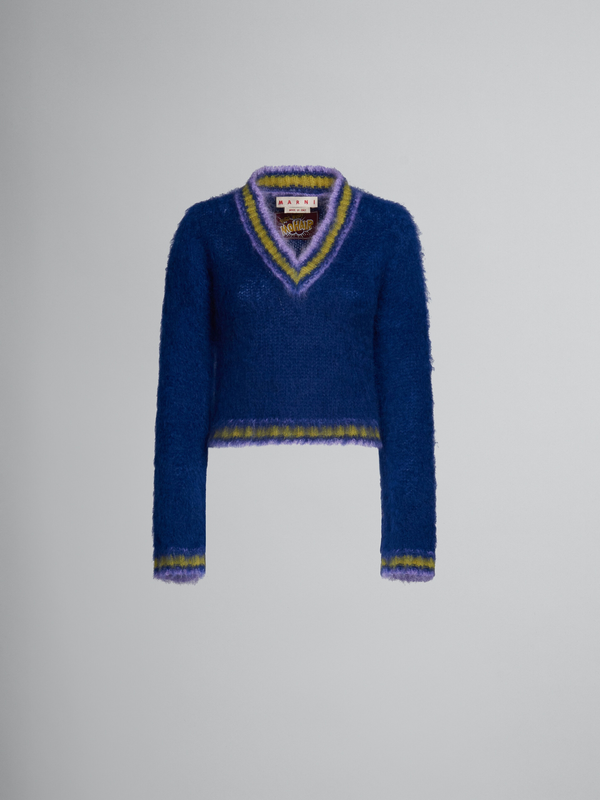 BLUE MOHAIR JUMPER WITH STRIPED TRIMS - 1