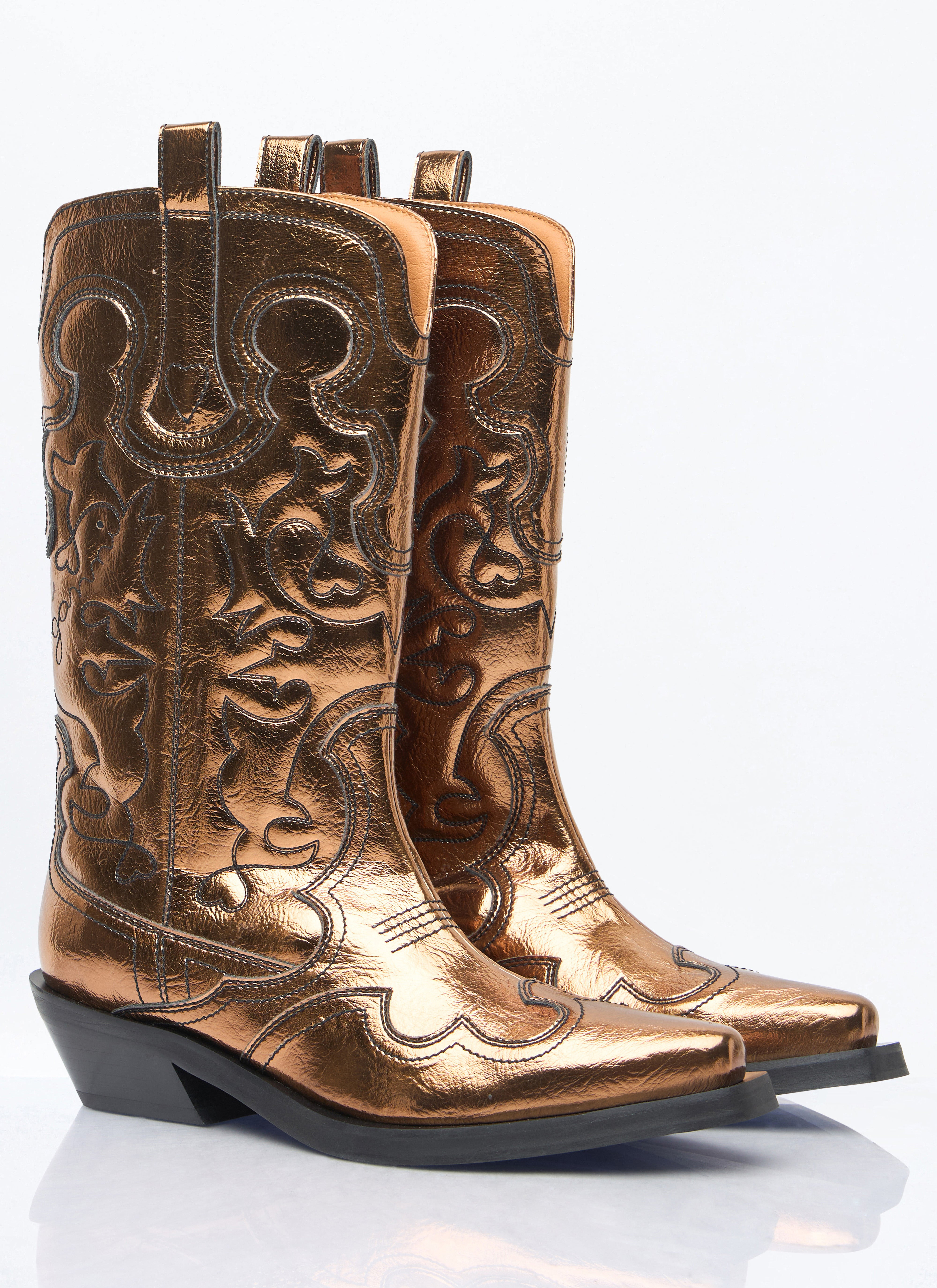 Ganni Women Mid Shaft Embroidered Metallic Western Boots - 3