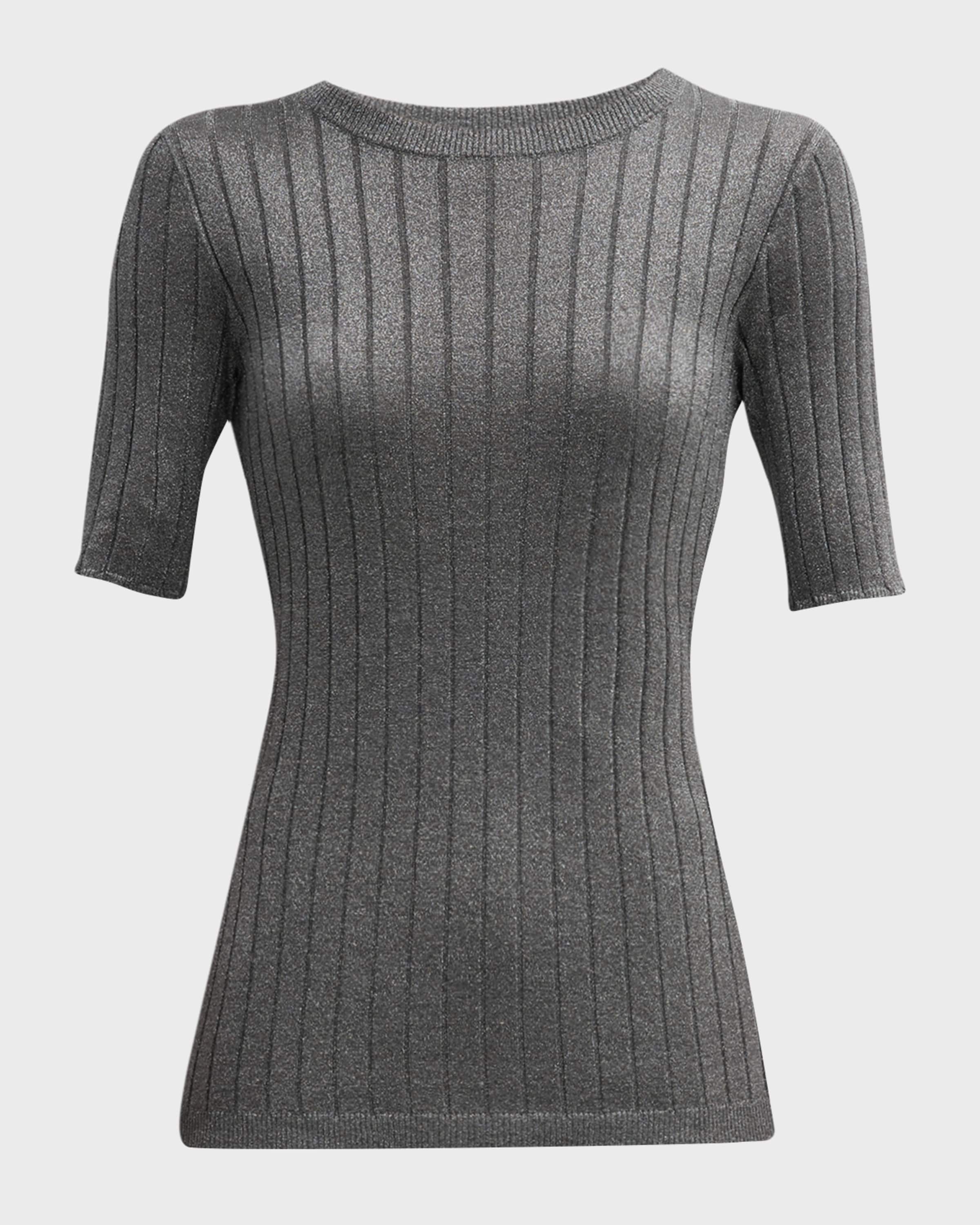 Metallic Silk Wide Ribbed Elbow-Sleeve Crewneck Top - 1