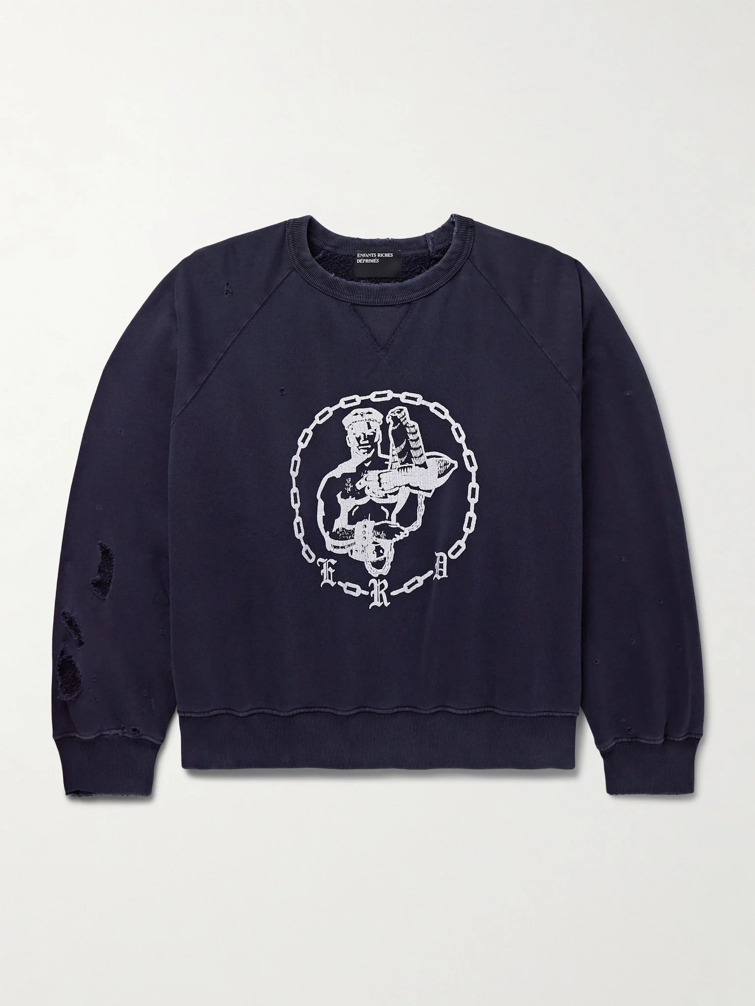 Enfants En Chaine Printed Distressed Cotton-Jersey Sweatshirt Navy - 1
