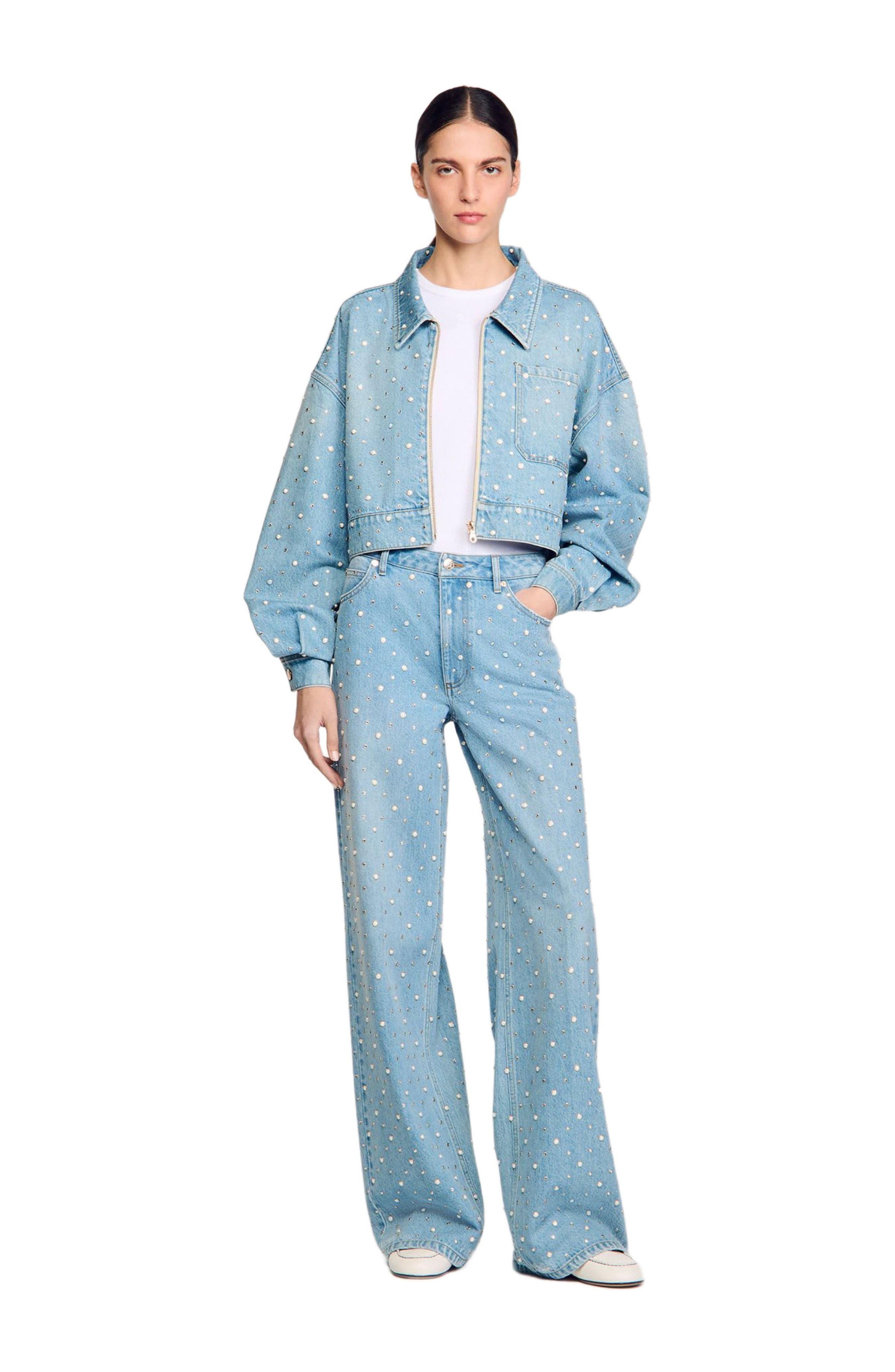 SANDRO Rhinestone and beaded jeans in Blue Jean at Nordstrom - 6