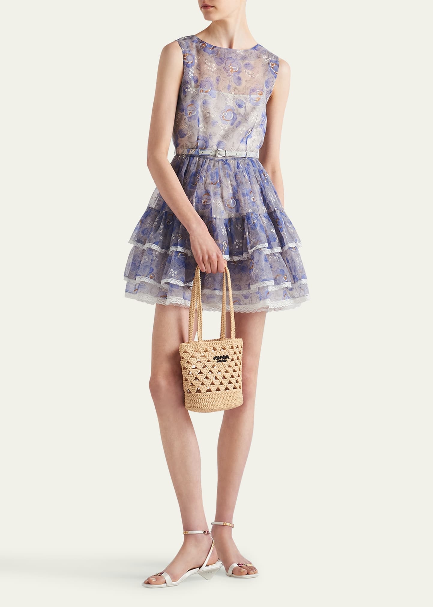 Floral Tiered Lace-Trim Leather Belted Chiffon Mini Dress - 2