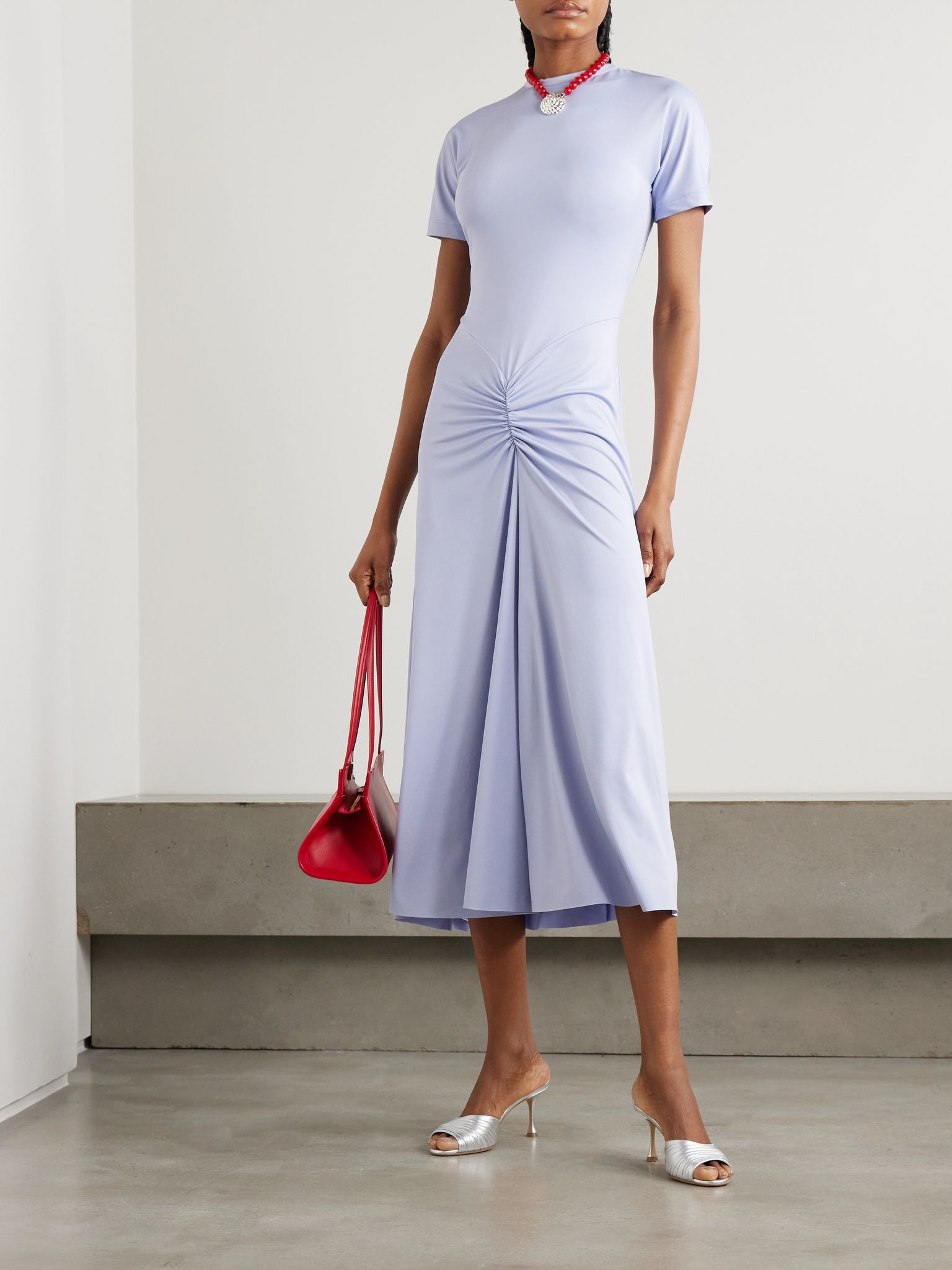 Gathered satin-jersey midi dress Light blue - 2