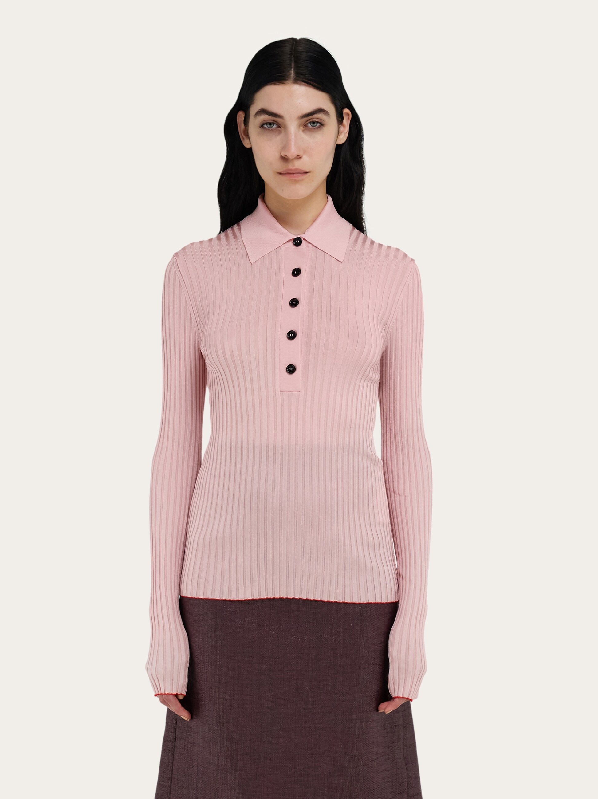 Long sleeved ribbed knit polo top - 2